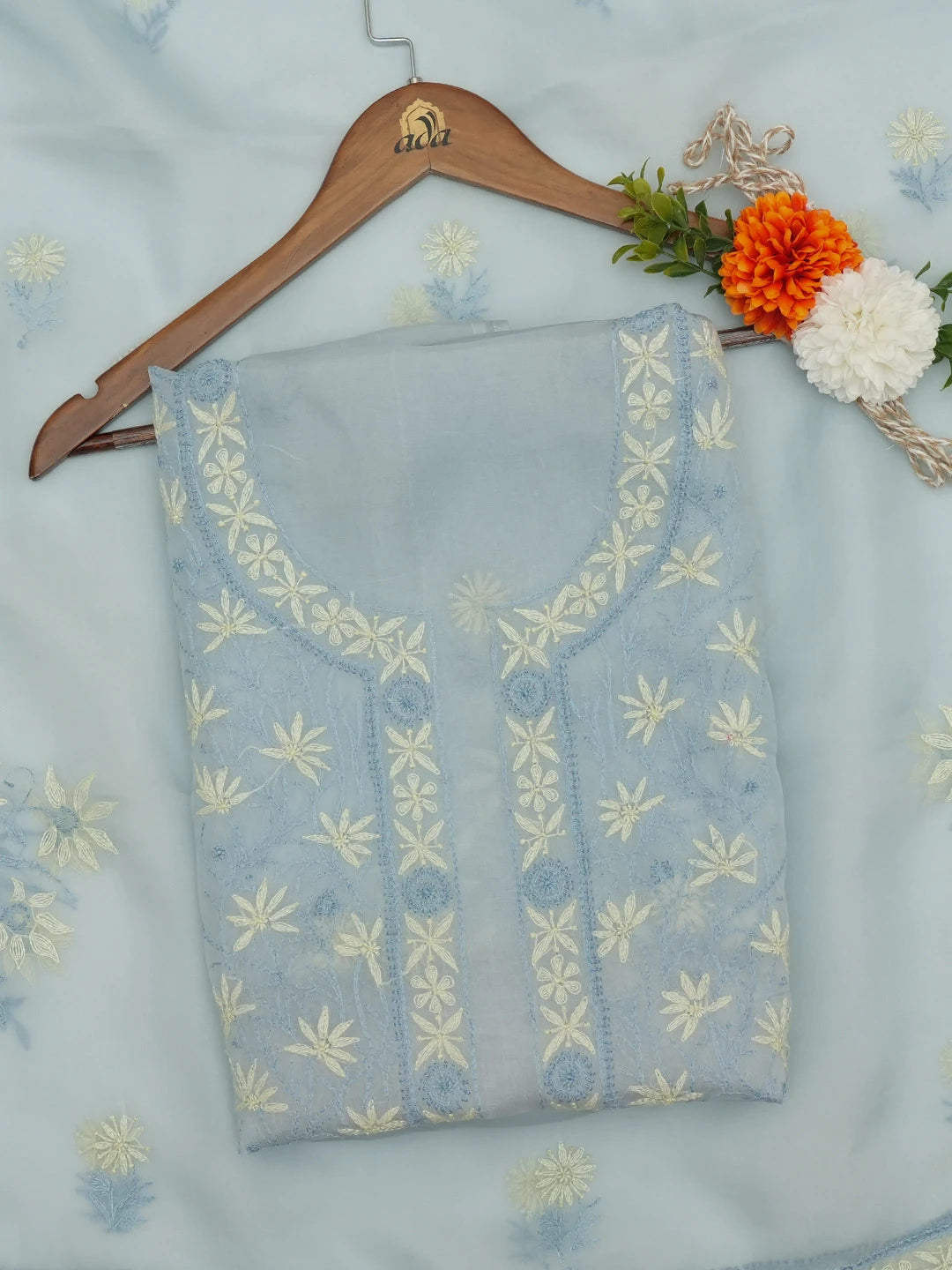 Ada Hand Embroidered Blue Organza Lucknowi Chikankari Unstitched Kurta Dupatta Set With Tepchi Work 01A661151