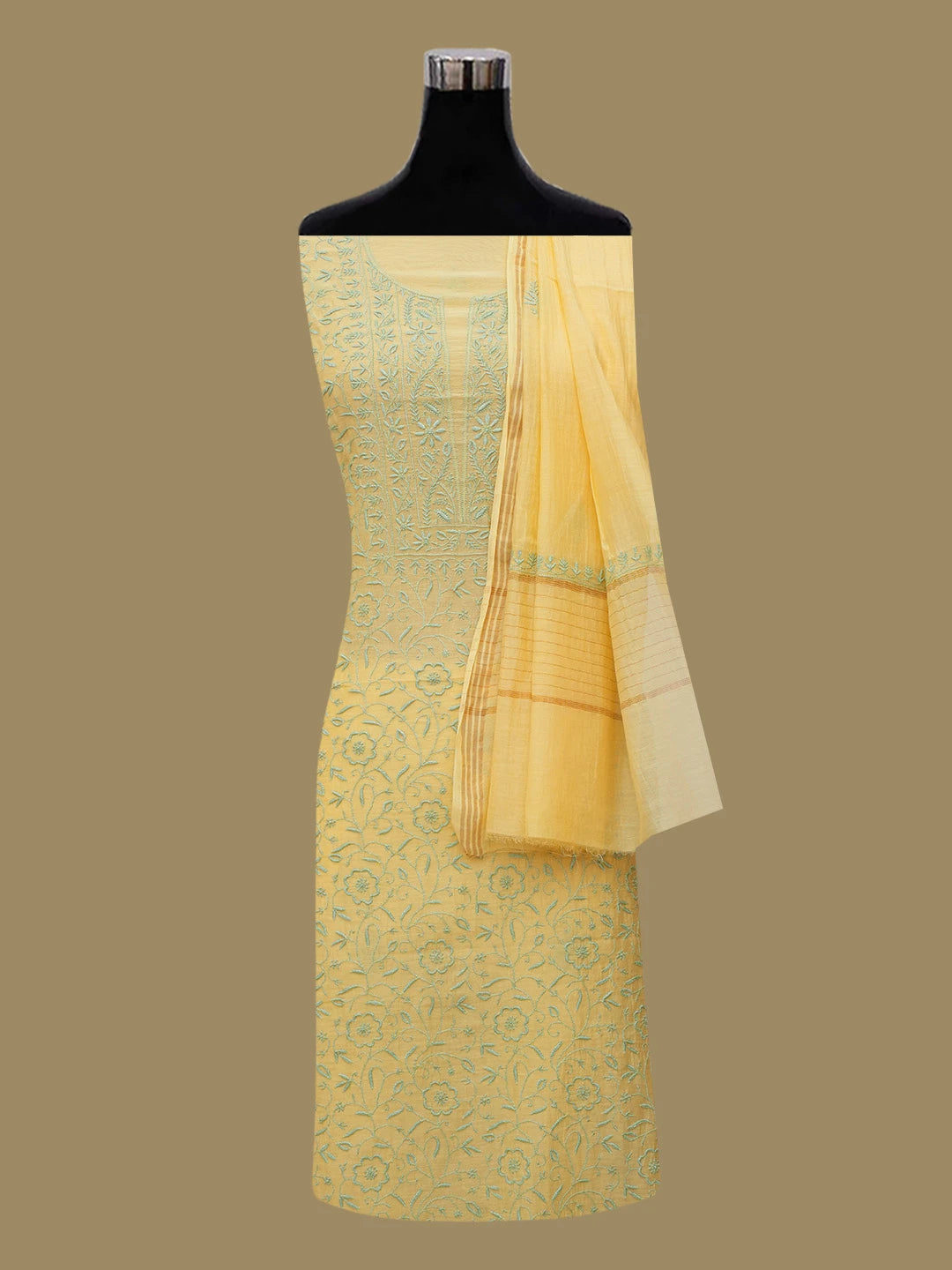Ada Hand Embroidered Yellow Chanderi Lucknowi Chikankari Unstitched Kurta Dupatta Set 01A685718
