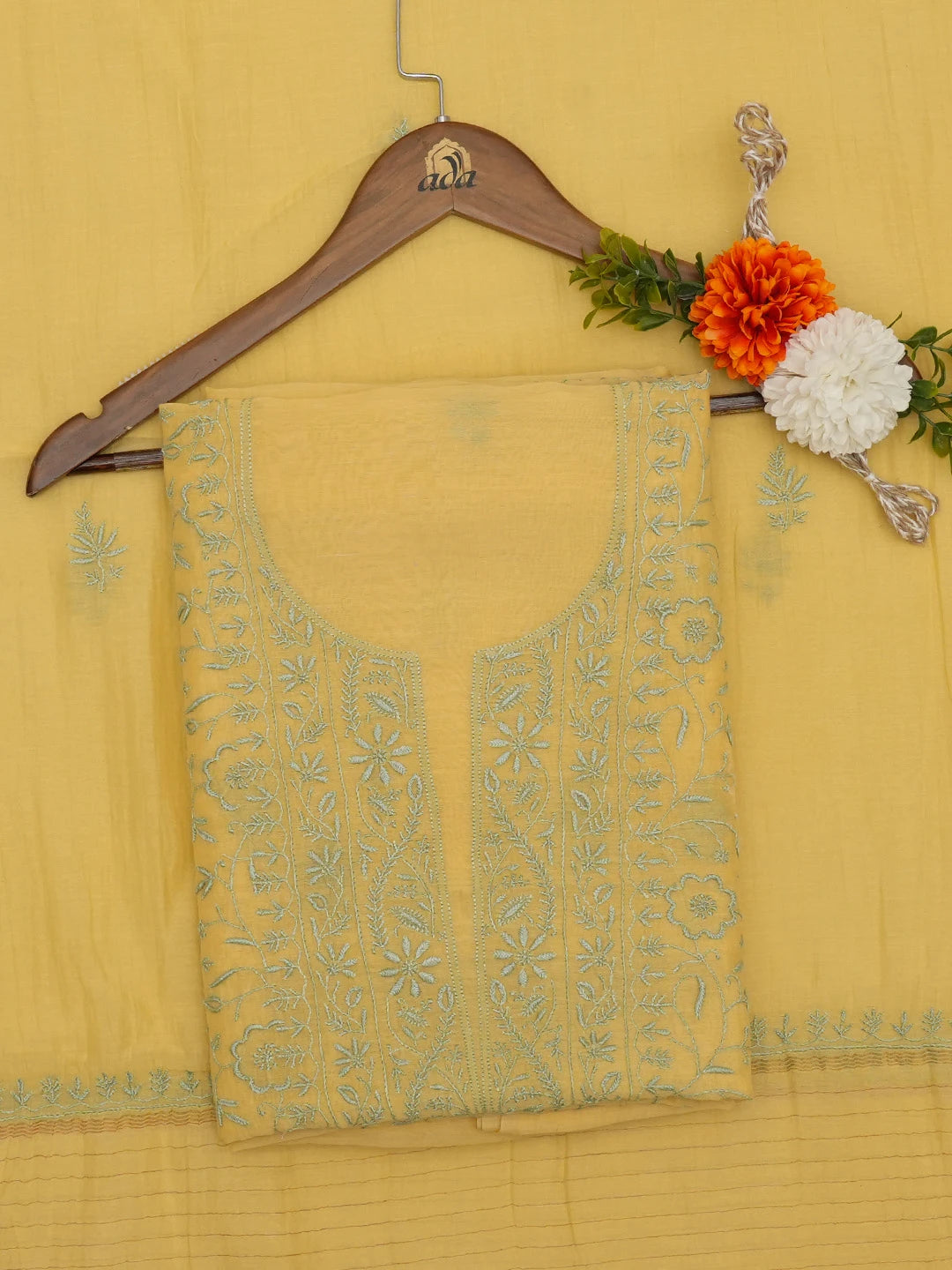 Ada Hand Embroidered Yellow Chanderi Lucknowi Chikankari Unstitched Kurta Dupatta Set 01A685718