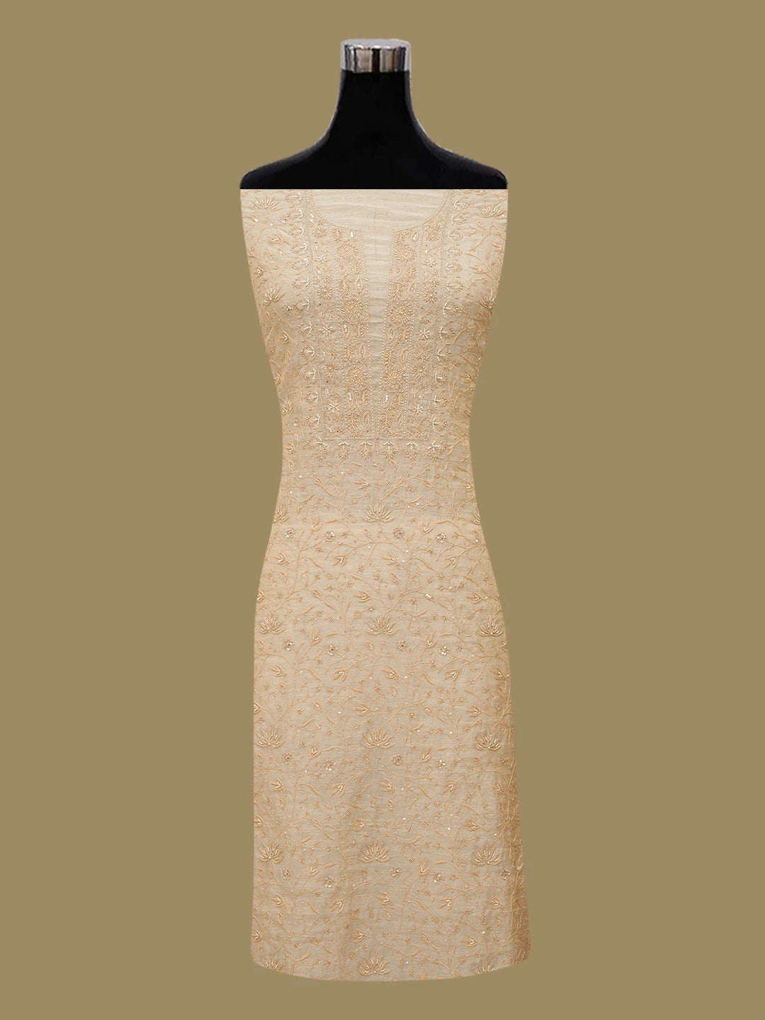 Ada Hand Embroidered Fawn Tissue Lucknowi Chikankari Unstitched Kurta Dupatta Set With Cutdana Work 01A653790