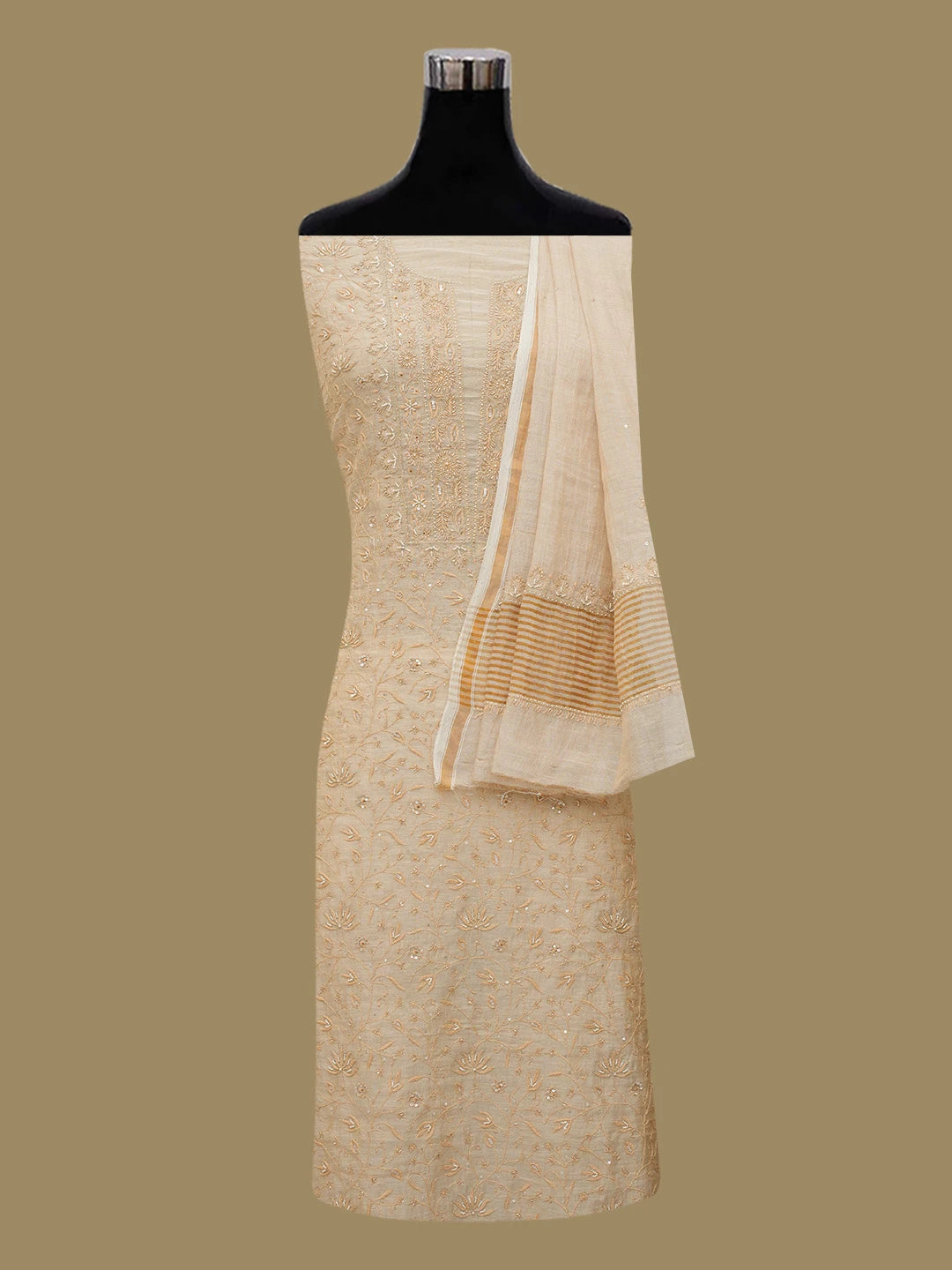 Ada Hand Embroidered Fawn Tissue Lucknowi Chikankari Unstitched Kurta Dupatta Set With Cutdana Work 01A653790