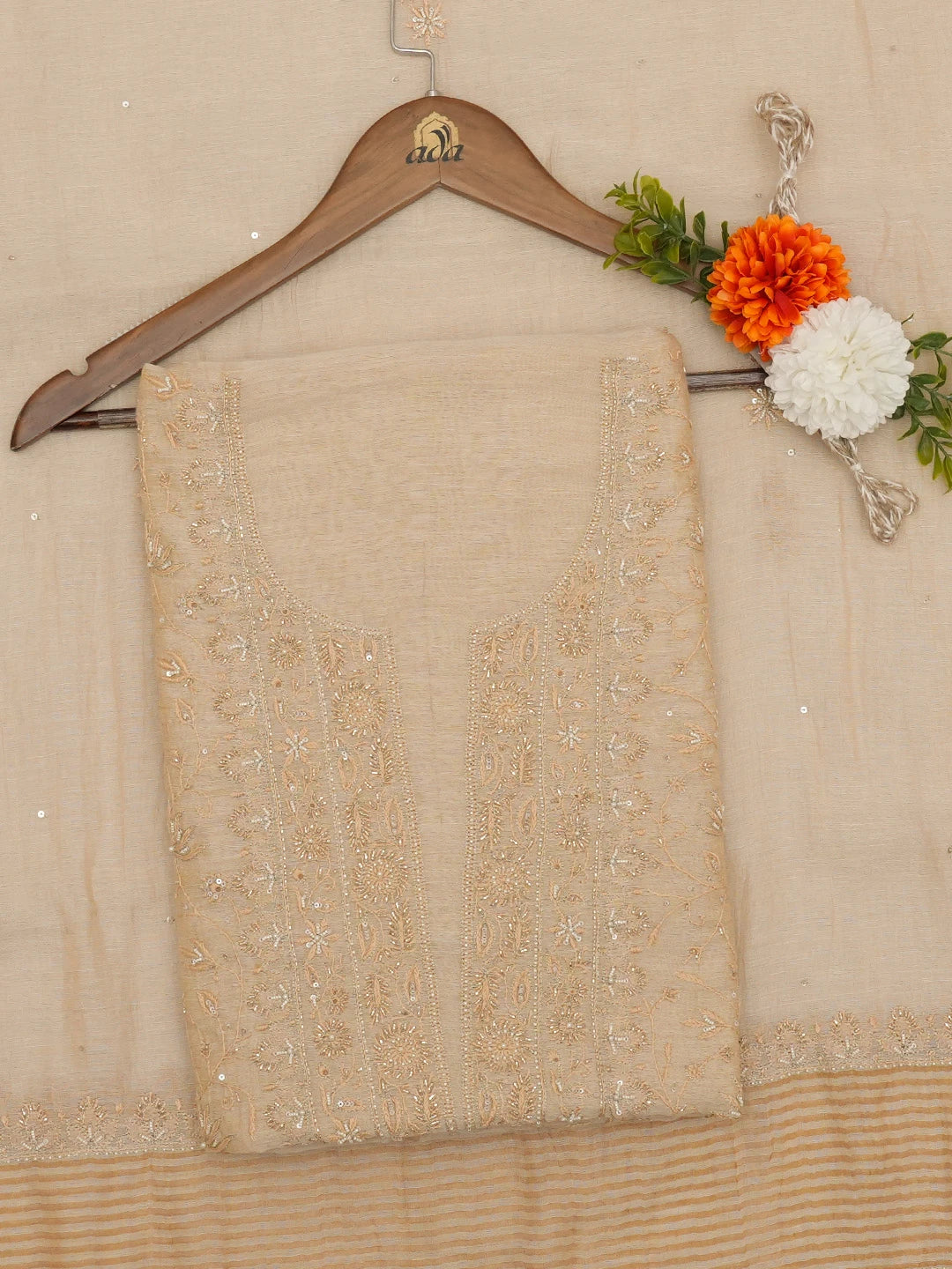 Ada Hand Embroidered Fawn Tissue Lucknowi Chikankari Unstitched Kurta Dupatta Set With Cutdana Work 01A653790
