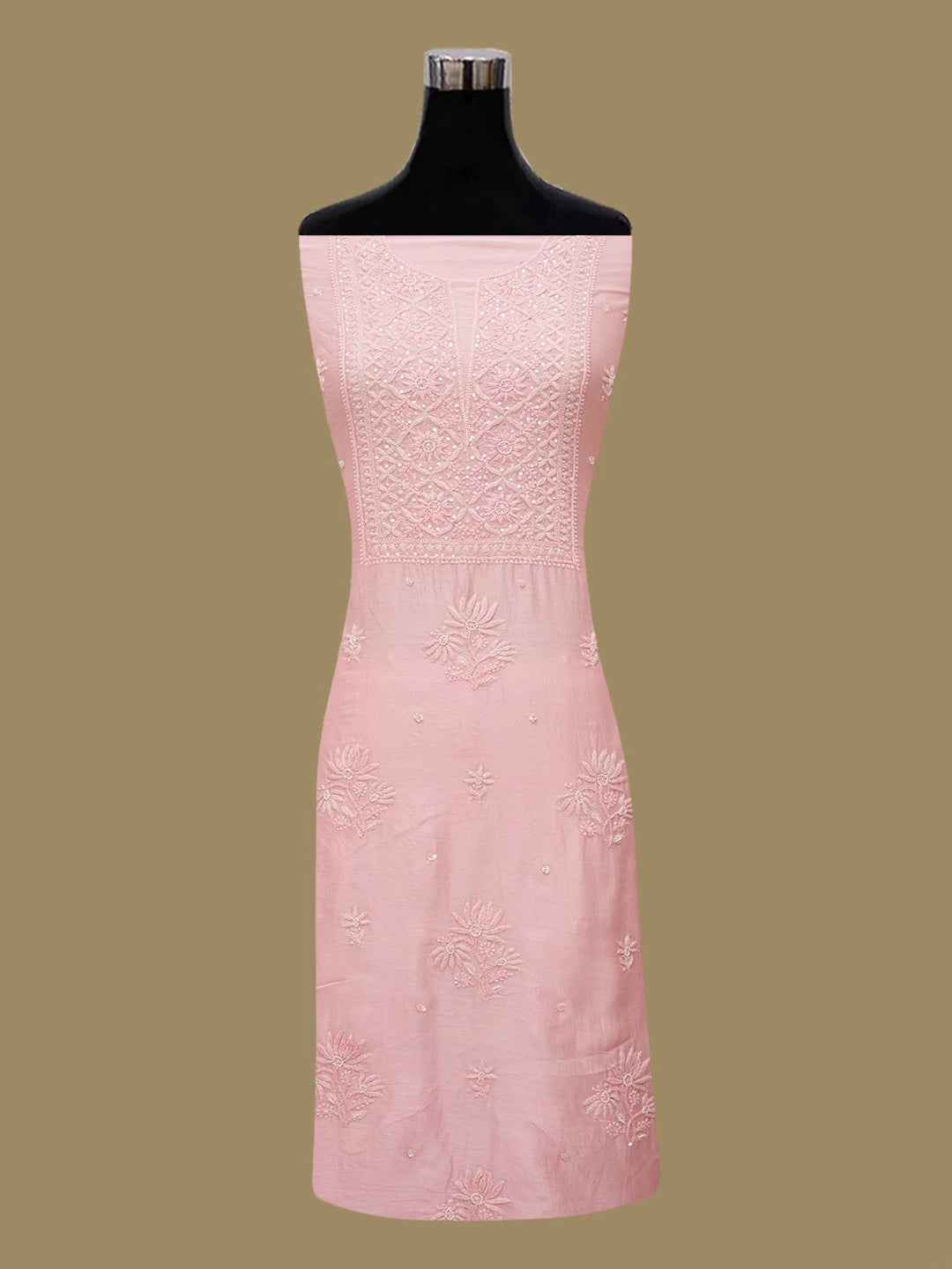 Ada Hand Embroidered Pink Chanderi Lucknowi Chikankari Unstitched Kurta Dupatta Set With Cutdana Work 01A576323