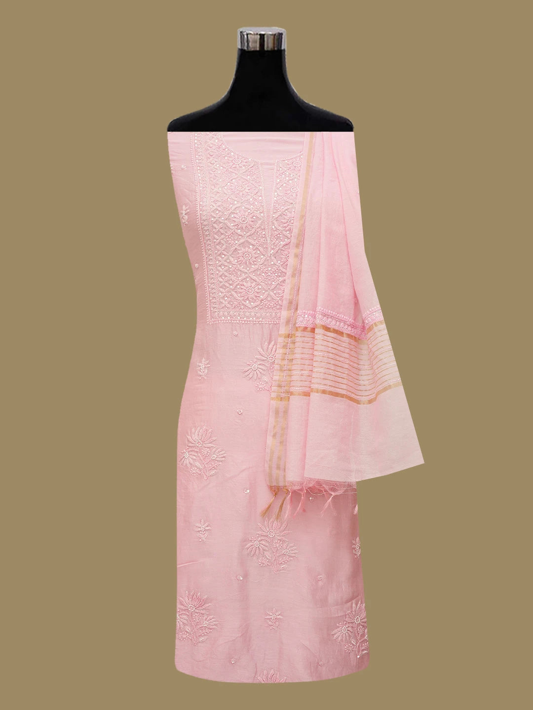 Ada Hand Embroidered Pink Chanderi Lucknowi Chikankari Unstitched Kurta Dupatta Set With Cutdana Work 01A576323