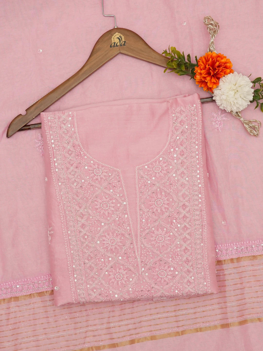 Ada Hand Embroidered Pink Chanderi Lucknowi Chikankari Unstitched Kurta Dupatta Set With Cutdana Work 01A576323