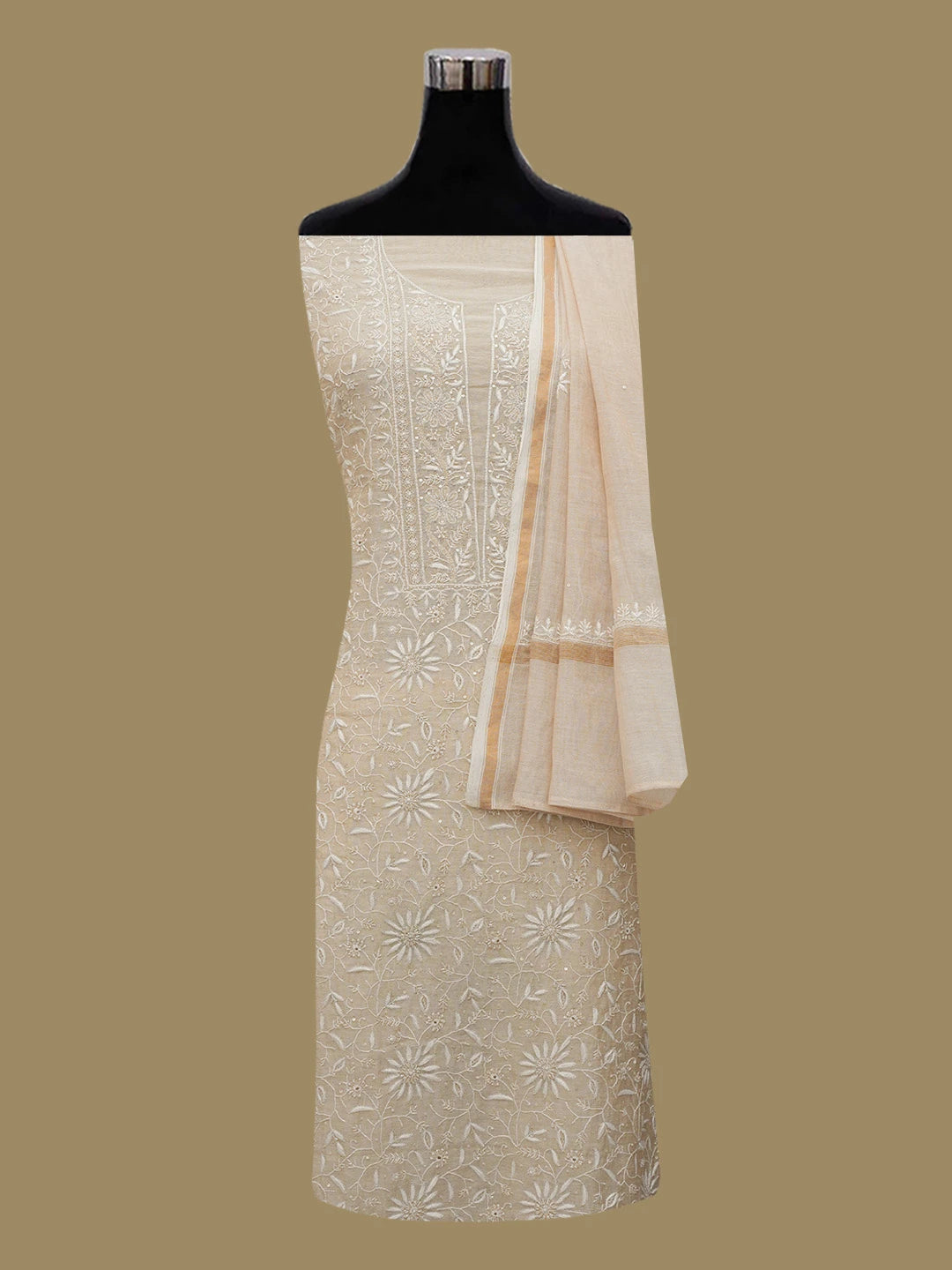 Ada Hand Embroidered Fawn Tissue Lucknowi Chikankari Unstitched Kurta Dupatta Set With Zari Work 01A630049