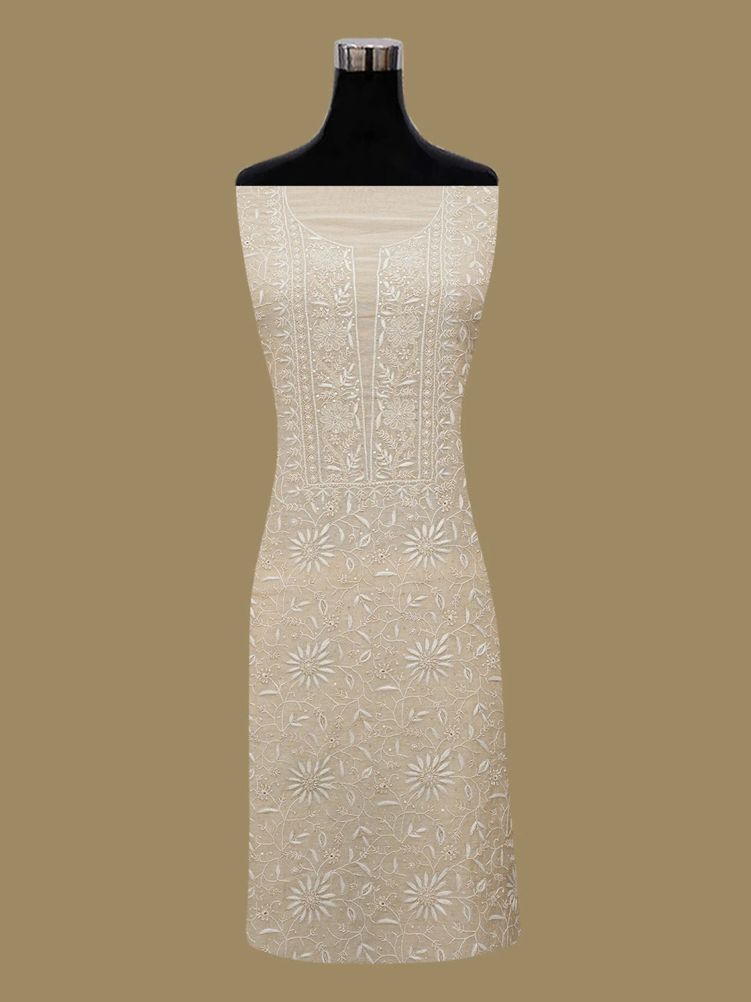 Ada Hand Embroidered Fawn Tissue Lucknowi Chikankari Unstitched Kurta Dupatta Set With Zari Work 01A630049