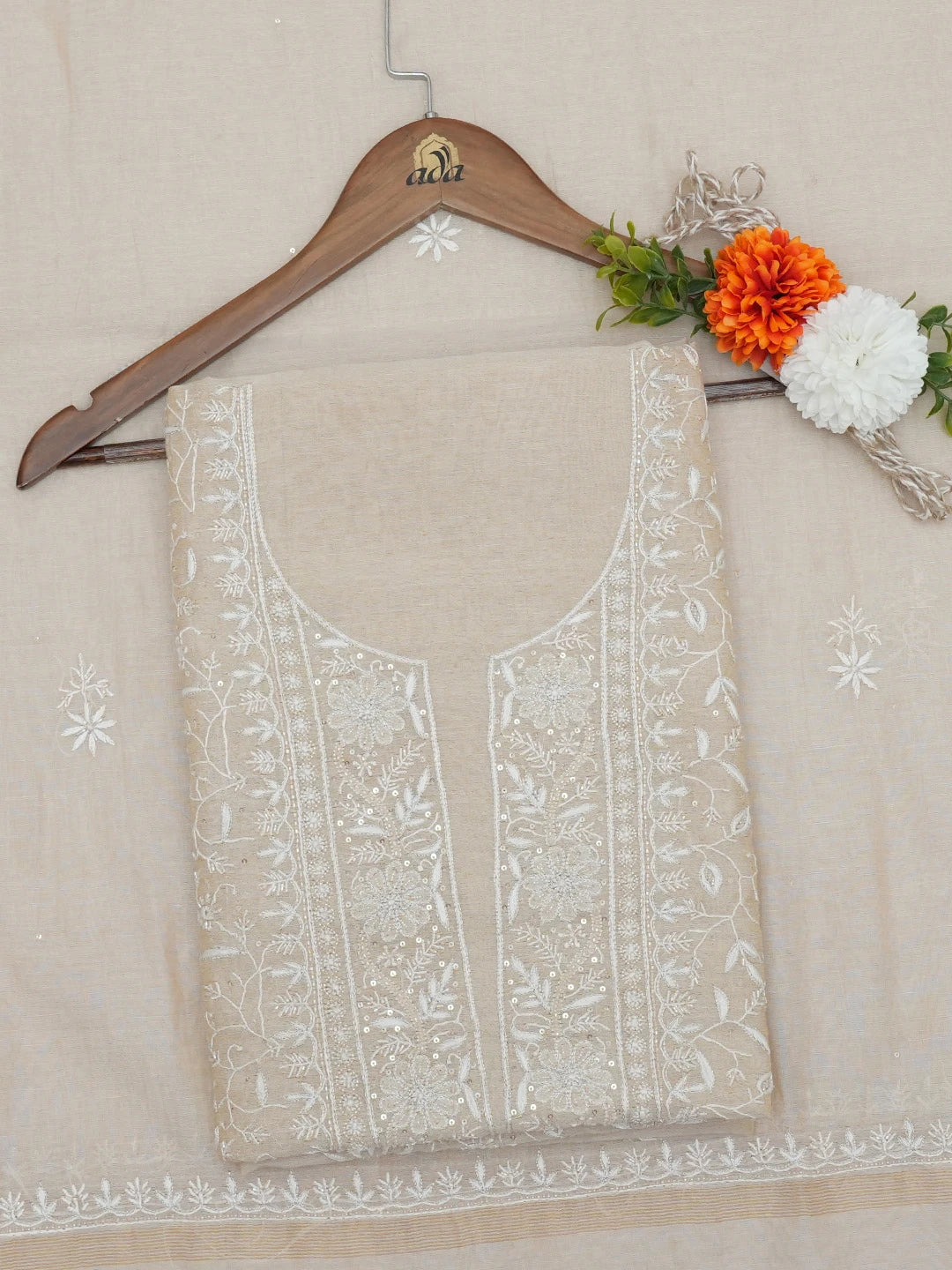 Ada Hand Embroidered Fawn Tissue Lucknowi Chikankari Unstitched Kurta Dupatta Set With Zari Work 01A630049
