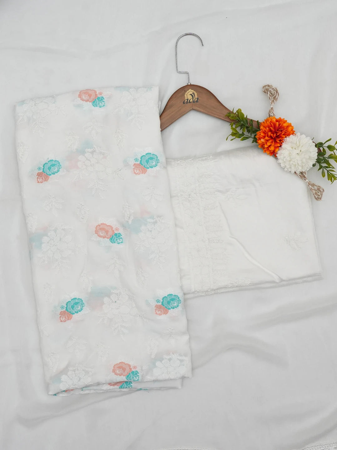 Ada Hand Embroidered White Muslin Lucknowi Chikankari Unstitched Suit Piece 01A367067