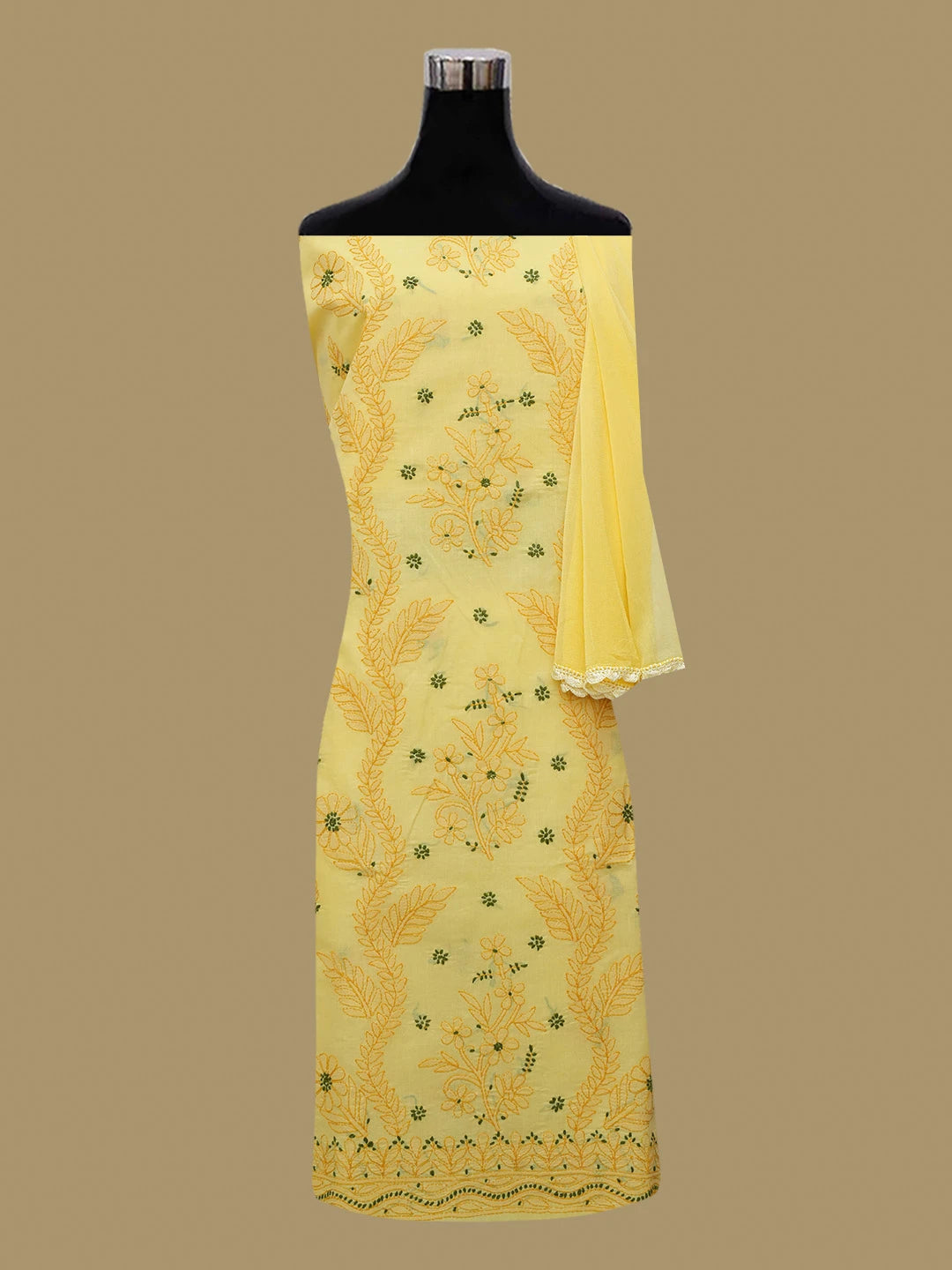 Ada Hand Embroidered Yellow Cotton Lucknowi Chikankari Unstitched Suit Piece 01A690664