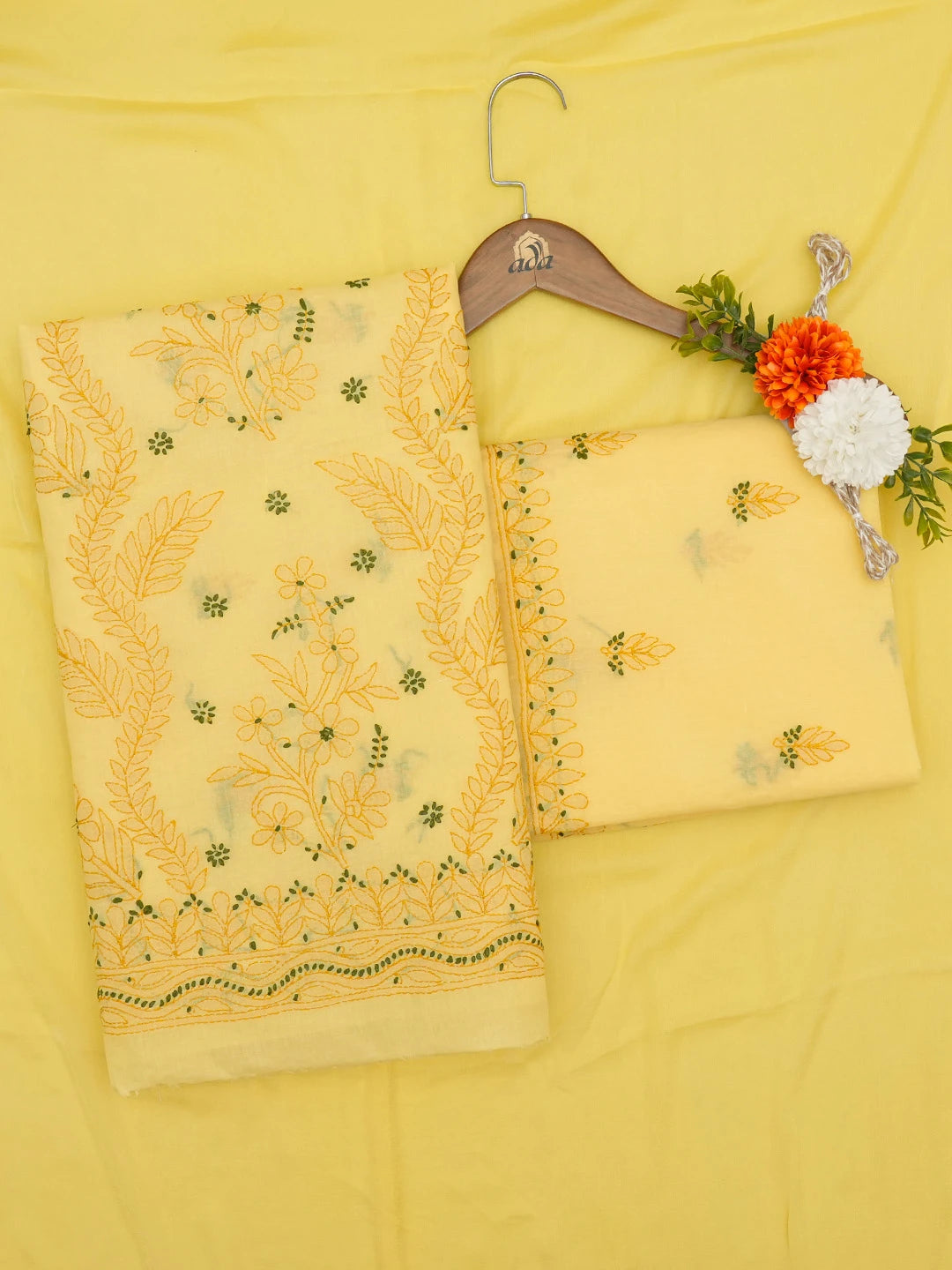 Ada Hand Embroidered Yellow Cotton Lucknowi Chikankari Unstitched Suit Piece 01A690664