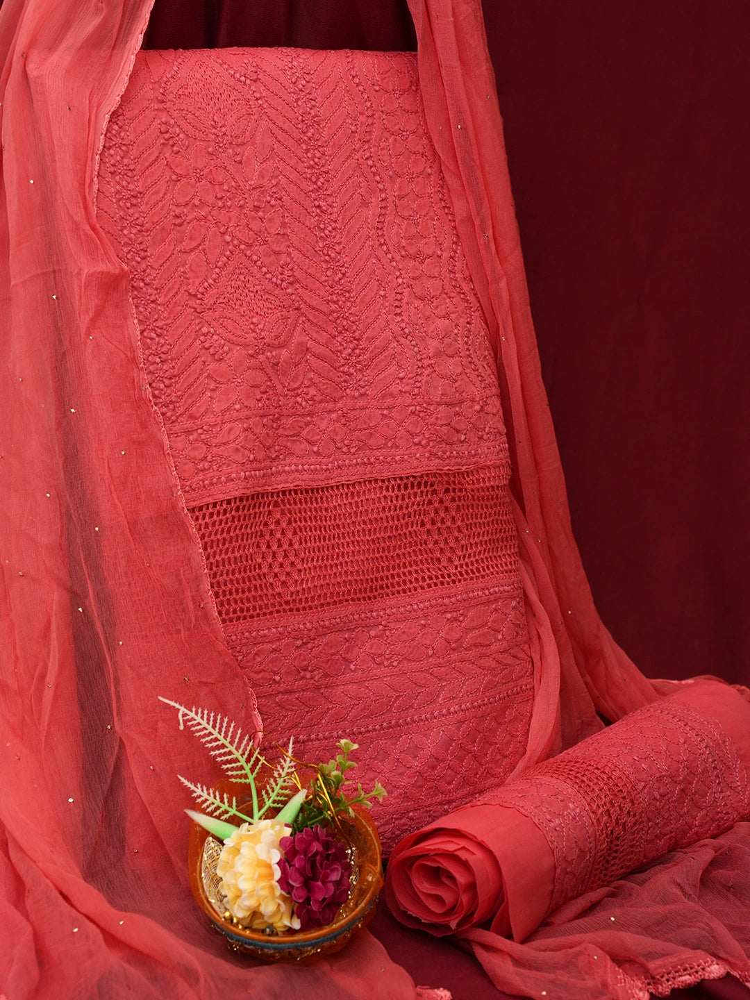 Ada Hand Embroidered Chilli Red Cotton Lucknowi Chikankari Unstitched Suit Piece 01A692460