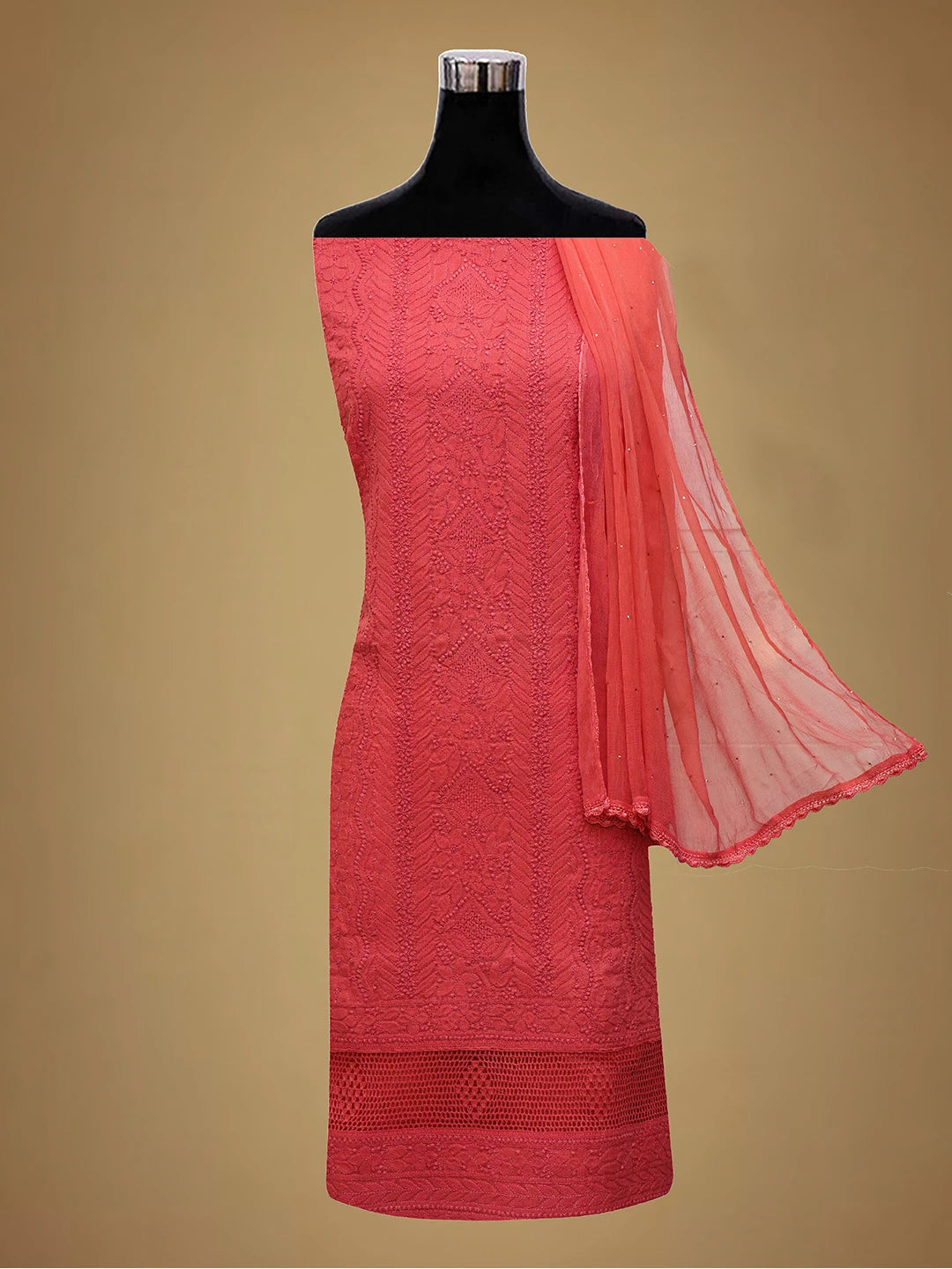 Ada Hand Embroidered Chilli Red Cotton Lucknowi Chikankari Unstitched Suit Piece 01A692460