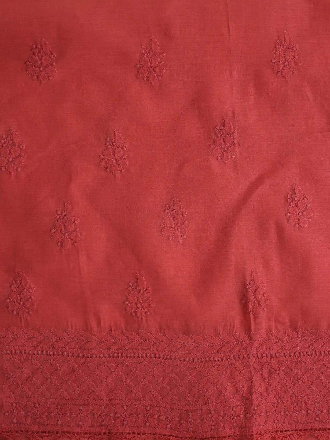 Ada Hand Embroidered Chilli Red Cotton Lucknowi Chikankari Unstitched Suit Piece 01A692460