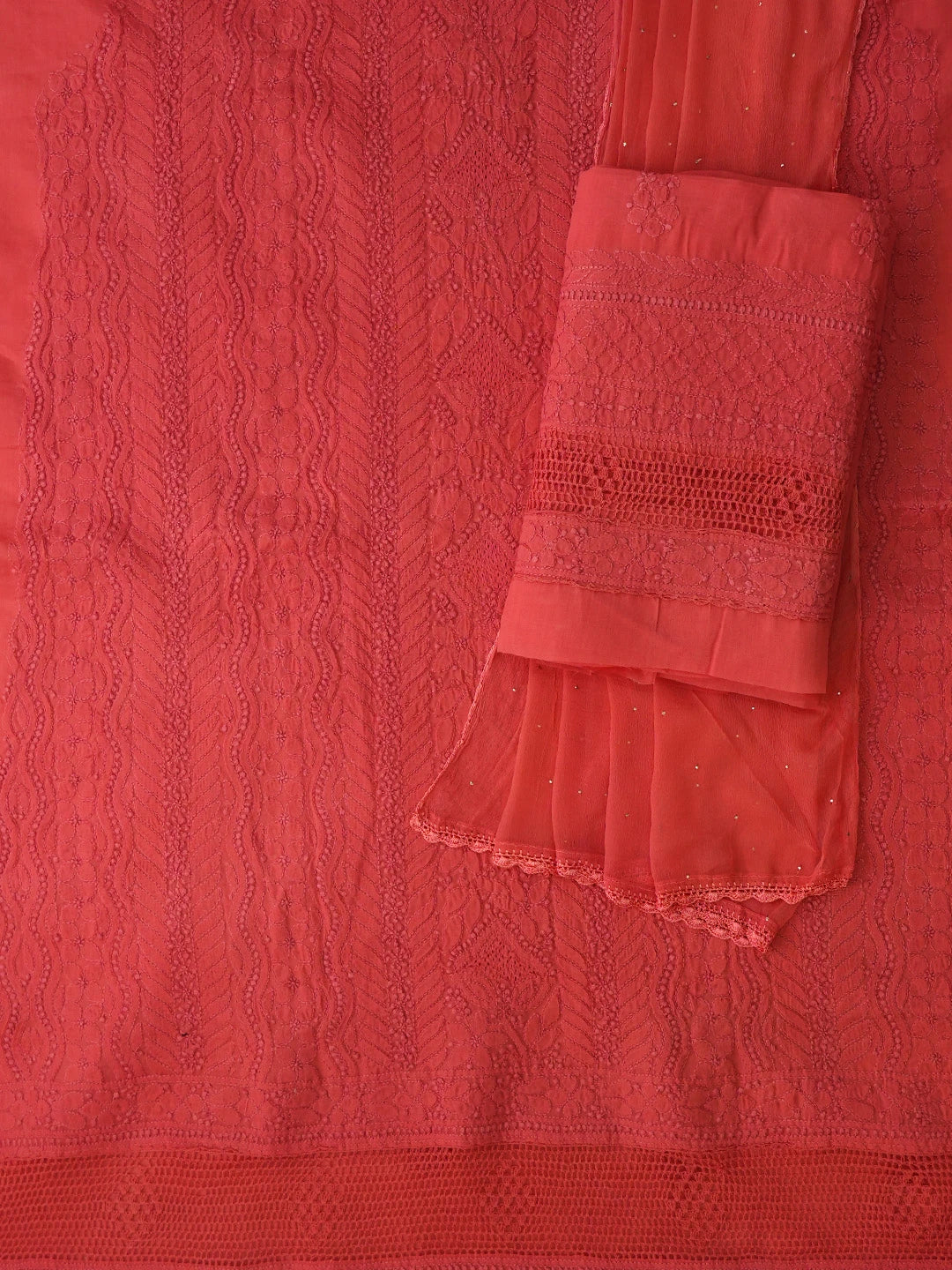 Ada Hand Embroidered Chilli Red Cotton Lucknowi Chikankari Unstitched Suit Piece 01A692460