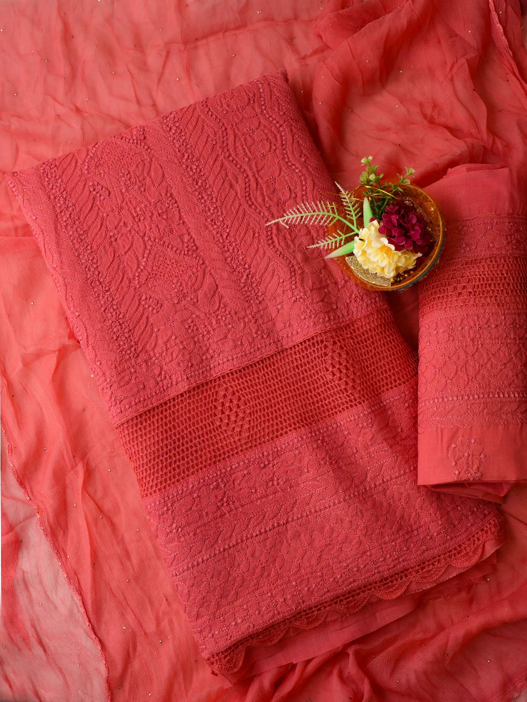 Ada Hand Embroidered Chilli Red Cotton Lucknowi Chikankari Unstitched Suit Piece 01A692460