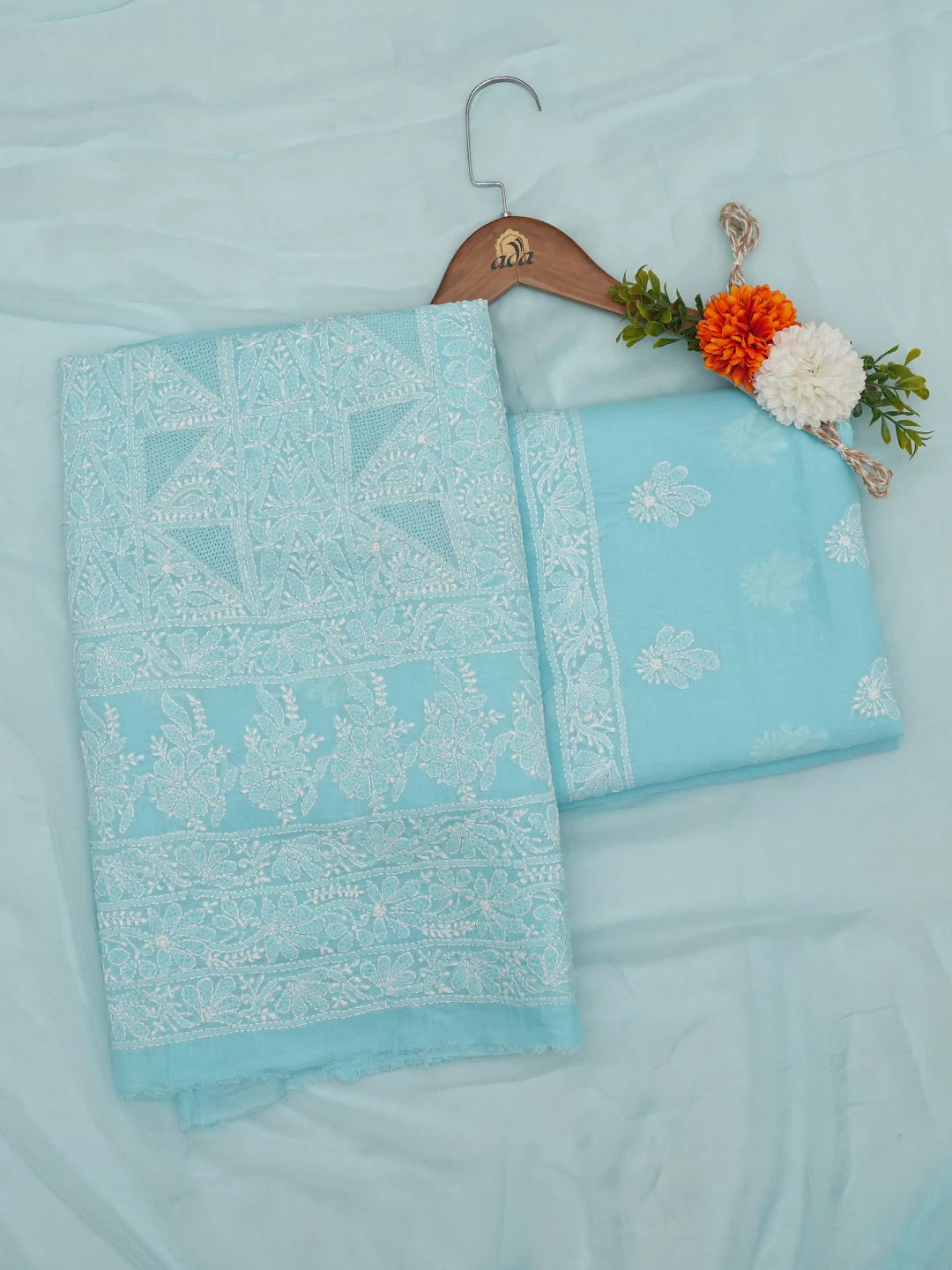 Ada Hand Embroidered Sky Blue Cotton Lucknowi Chikankari Unstitched Suit Piece 01A659512