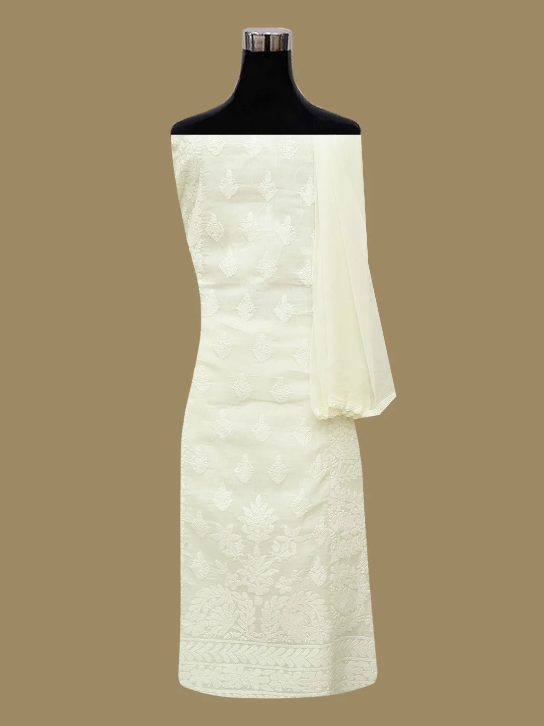 Ada Hand Embroidered Cream Cotton Lucknowi Chikankari Unstitched Suit Piece 01A678165