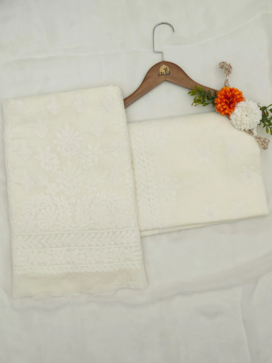 Ada Hand Embroidered Cream Cotton Lucknowi Chikankari Unstitched Suit Piece 01A678165