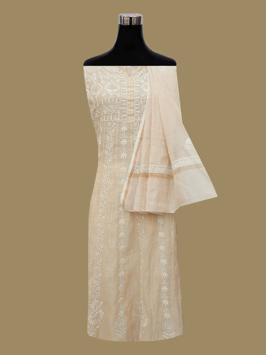Ada Hand Embroidered Natural Fawn Tissue Lucknowi Chikankari Semi-Stitched Anarkali Kurta Dupatta Set with Sequinned Work 01A576532