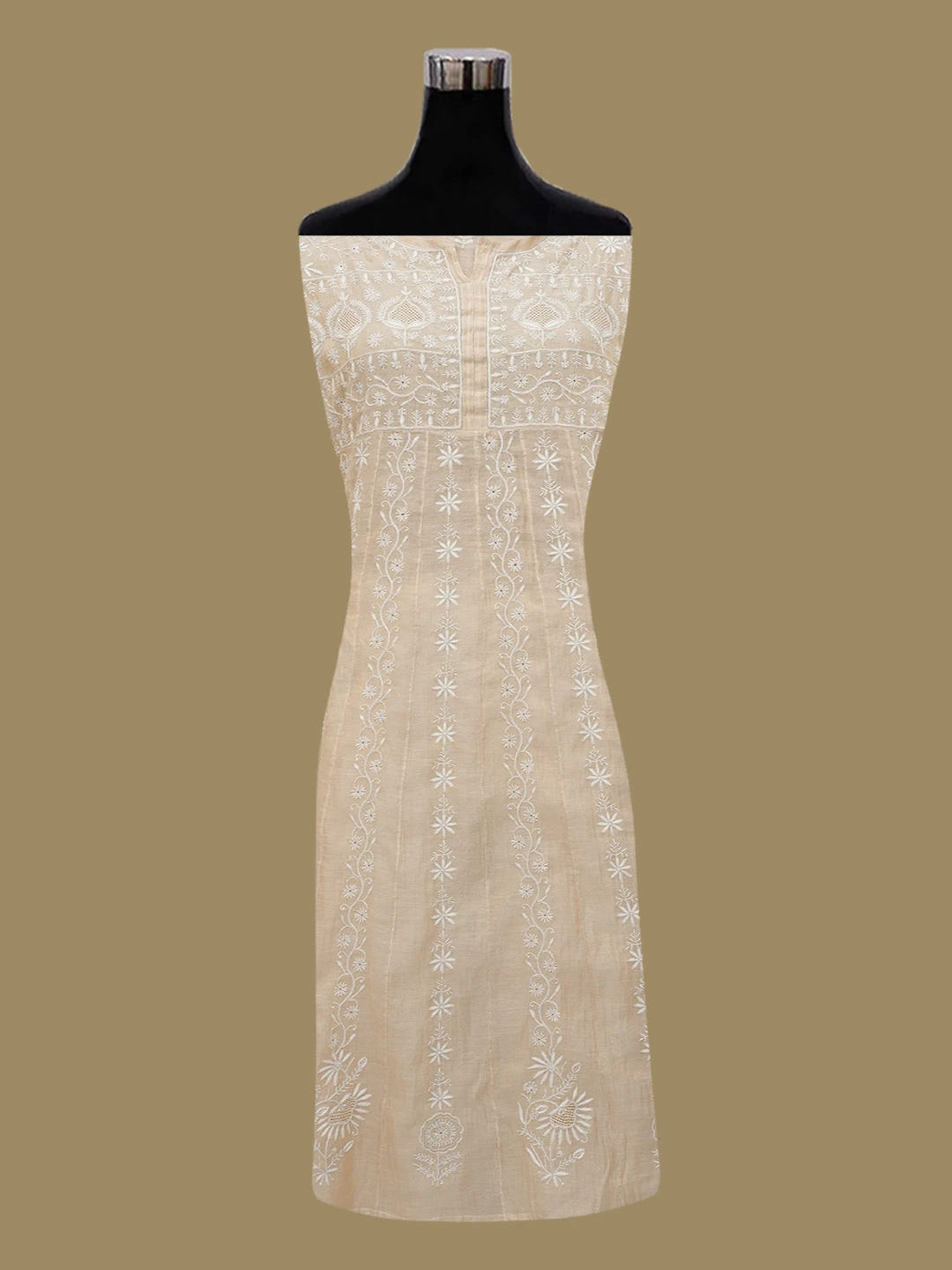Ada Hand Embroidered Natural Fawn Tissue Lucknowi Chikankari Semi-Stitched Anarkali Kurta Dupatta Set with Sequinned Work 01A576532