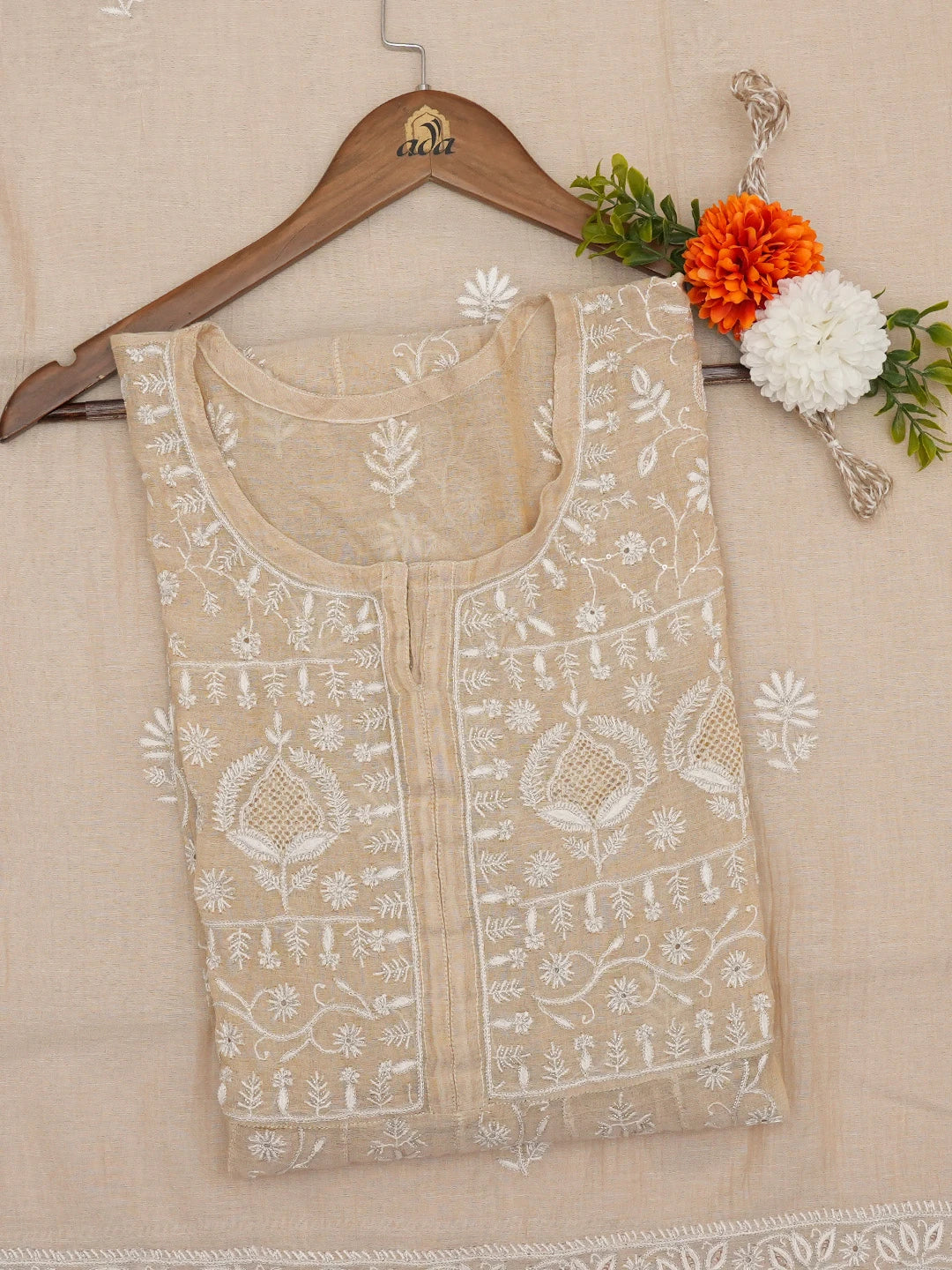 Ada Hand Embroidered Natural Fawn Tissue Lucknowi Chikankari Semi-Stitched Anarkali Kurta Dupatta Set with Sequinned Work 01A576532