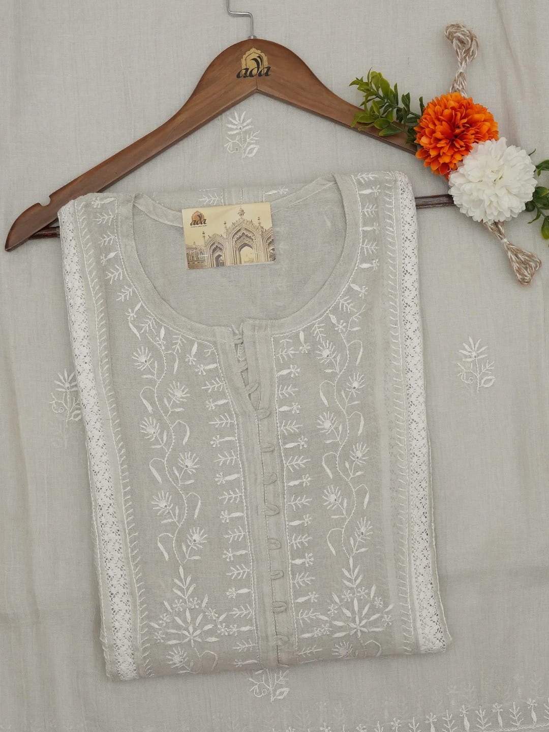 Ada Hand Embroidered Grey Tissue Lucknowi Chikankari Semi-Stitched Anarkali Kurta Dupatta Set 01A653978