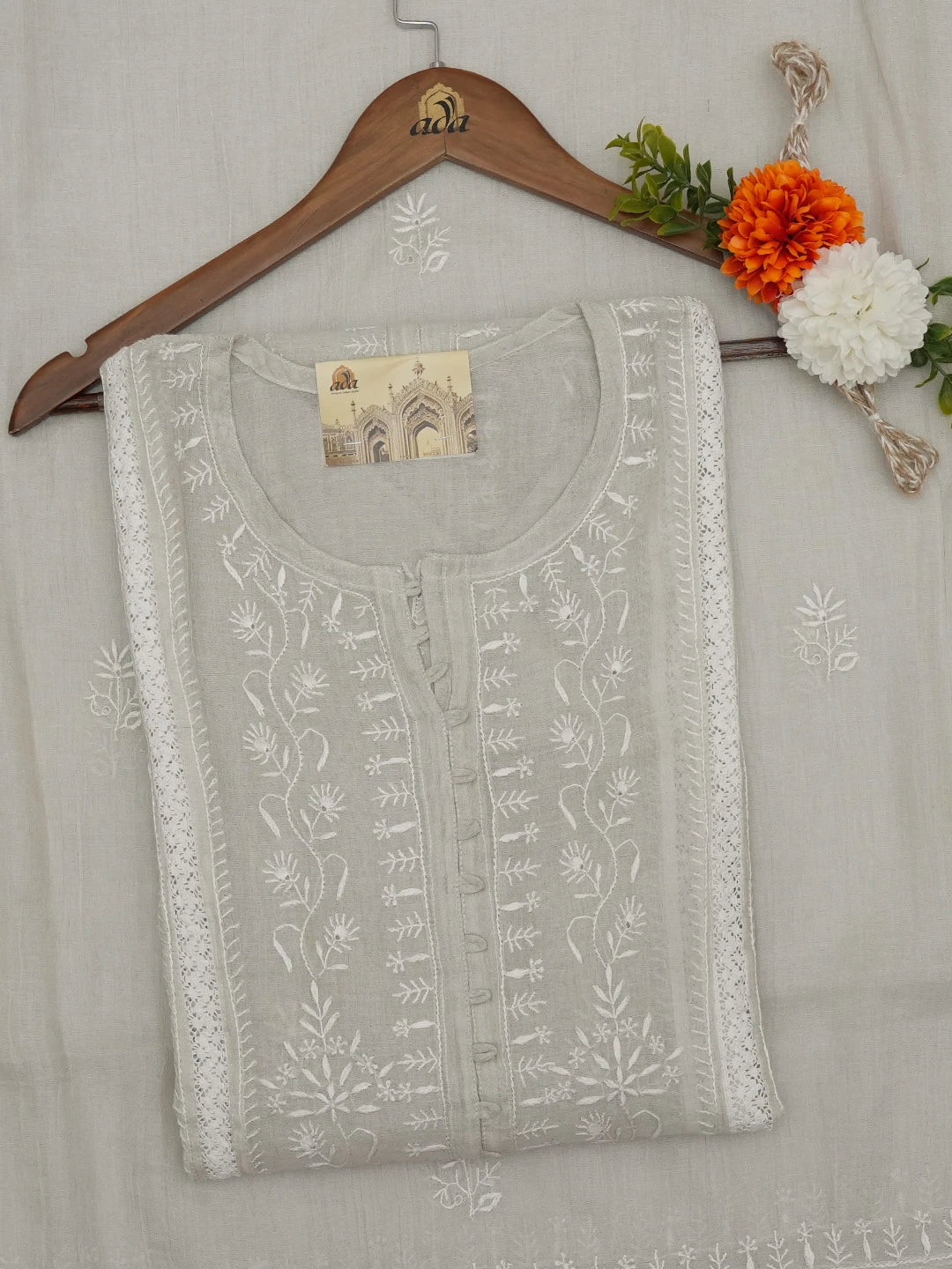 Ada Hand Embroidered Grey Tissue Lucknowi Chikankari Semi-Stitched Anarkali Kurta Dupatta Set 01A653978