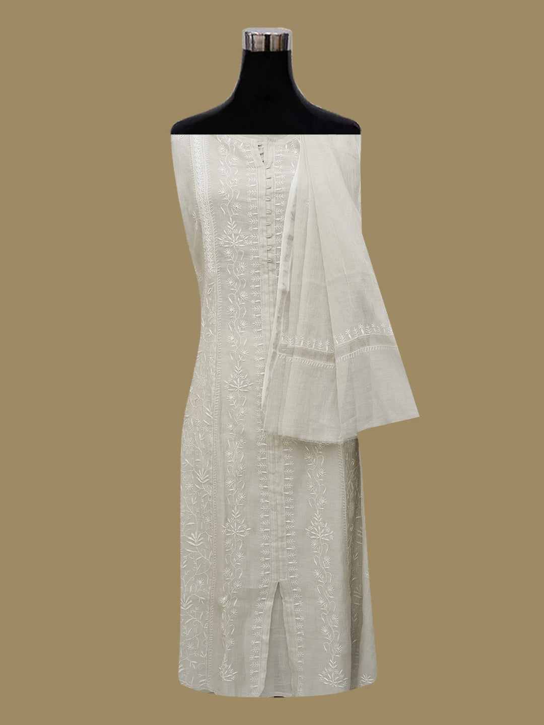 Ada Hand Embroidered Grey Tissue Lucknowi Chikankari Semi-Stitched Anarkali Kurta Dupatta Set 01A653978