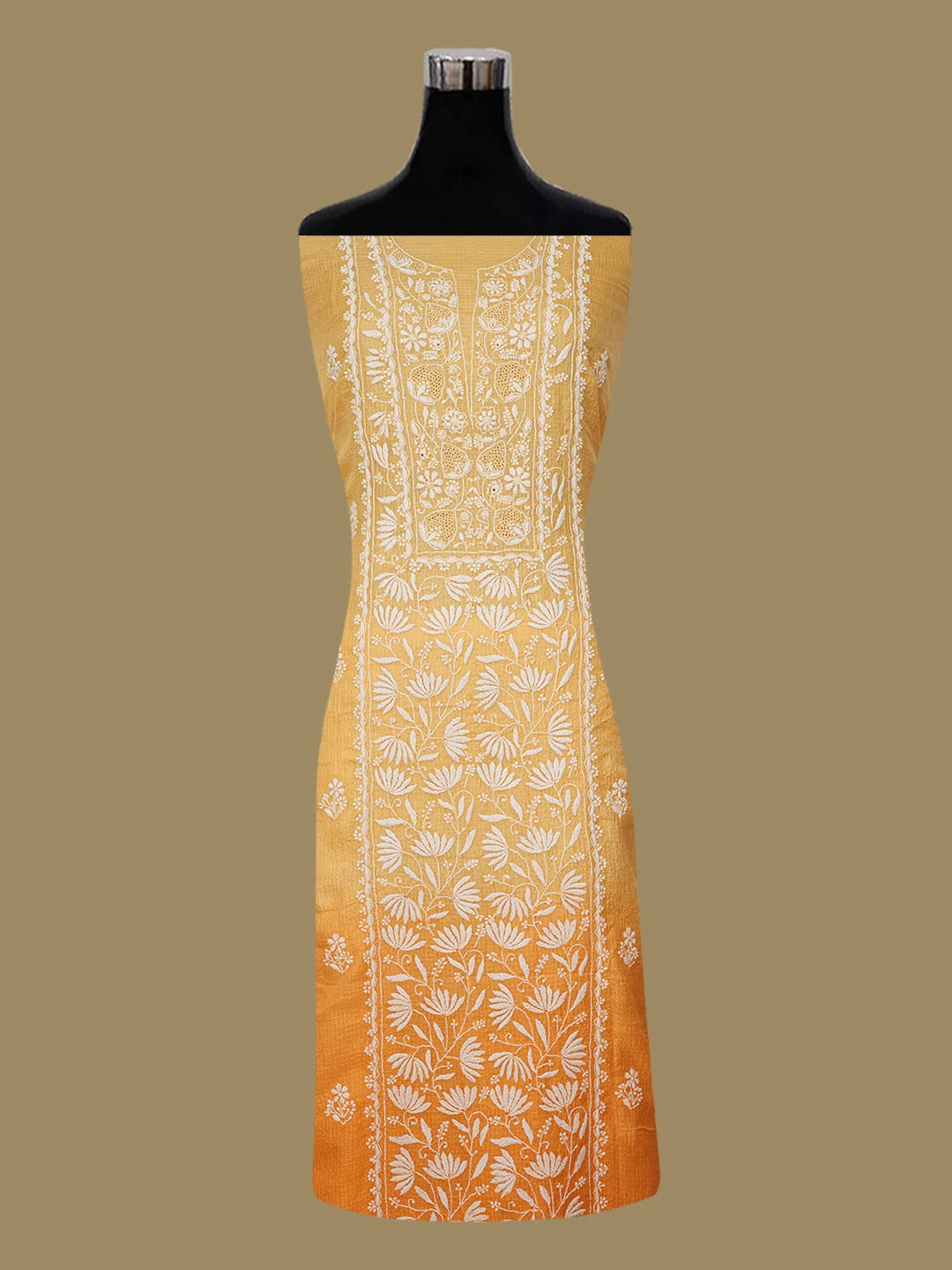 Ada Hand Embroidered Ombre Shade Of Orange Kota Silk Lucknowi Chikankari Unstitched Kurta Dupatta Set 01A650935