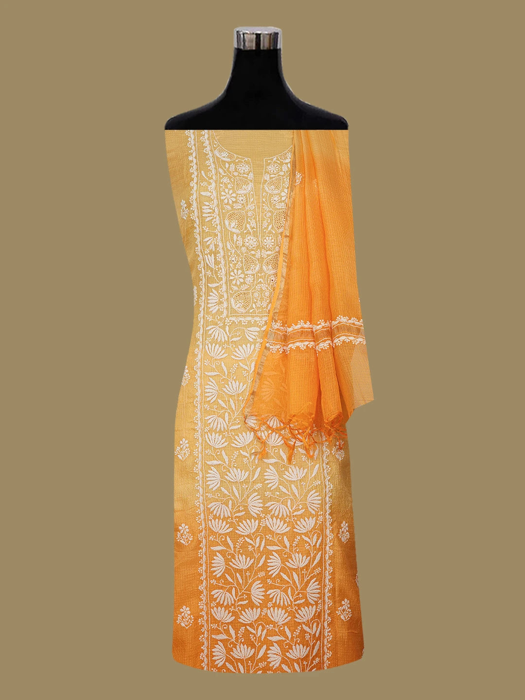 Ada Hand Embroidered Ombre Shade Of Orange Kota Silk Lucknowi Chikankari Unstitched Kurta Dupatta Set 01A650935