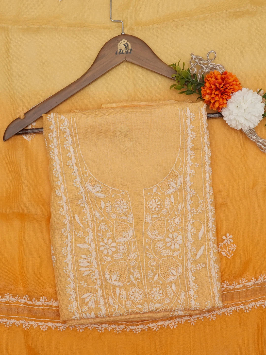 Ada Hand Embroidered Ombre Shade Of Orange Kota Silk Lucknowi Chikankari Unstitched Kurta Dupatta Set 01A650935