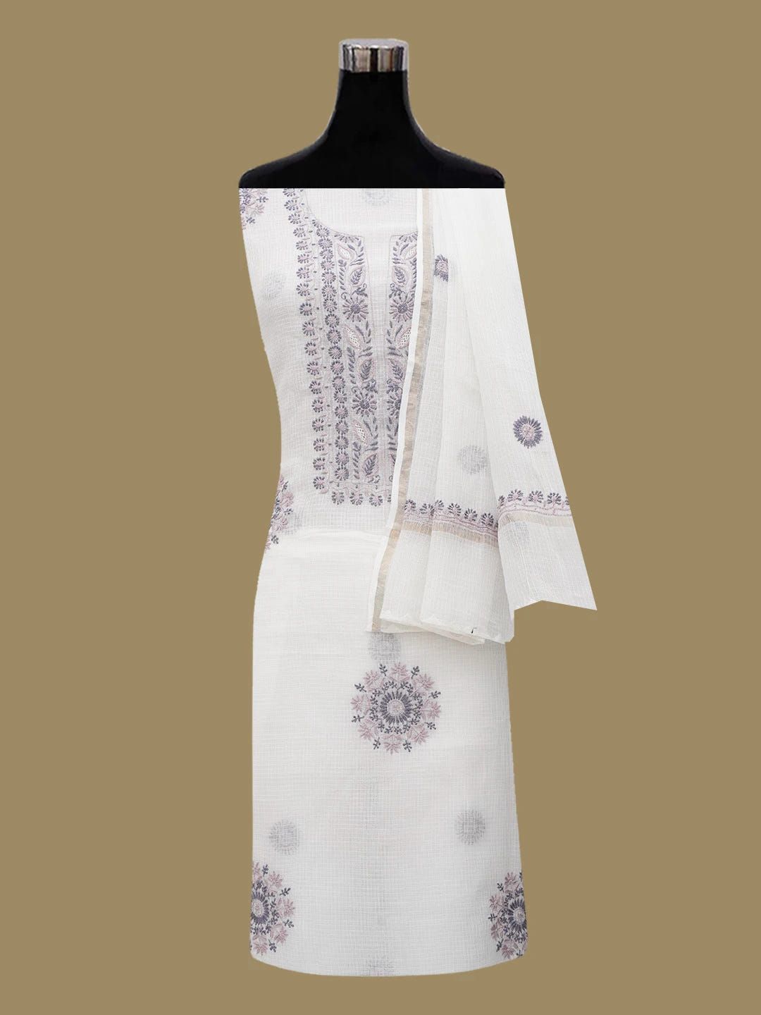 Ada Hand Embroidered White Kota Lucknowi Chikankari Unstitched Kurta Dupatta Set 01A644014