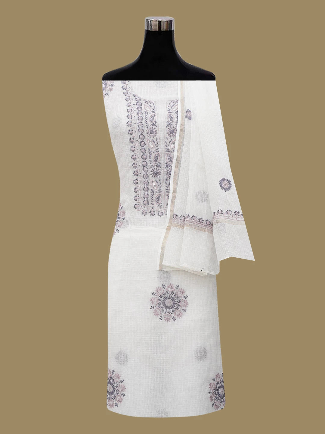 Ada Hand Embroidered White Kota Lucknowi Chikankari Unstitched Kurta Dupatta Set 01A644014