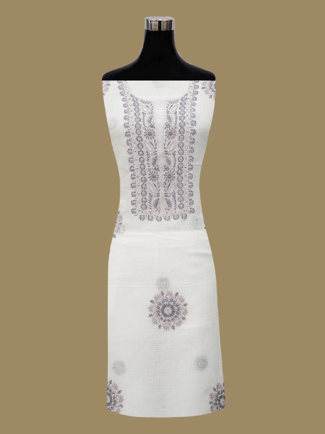 Ada Hand Embroidered White Kota Lucknowi Chikankari Unstitched Kurta Dupatta Set 01A644014