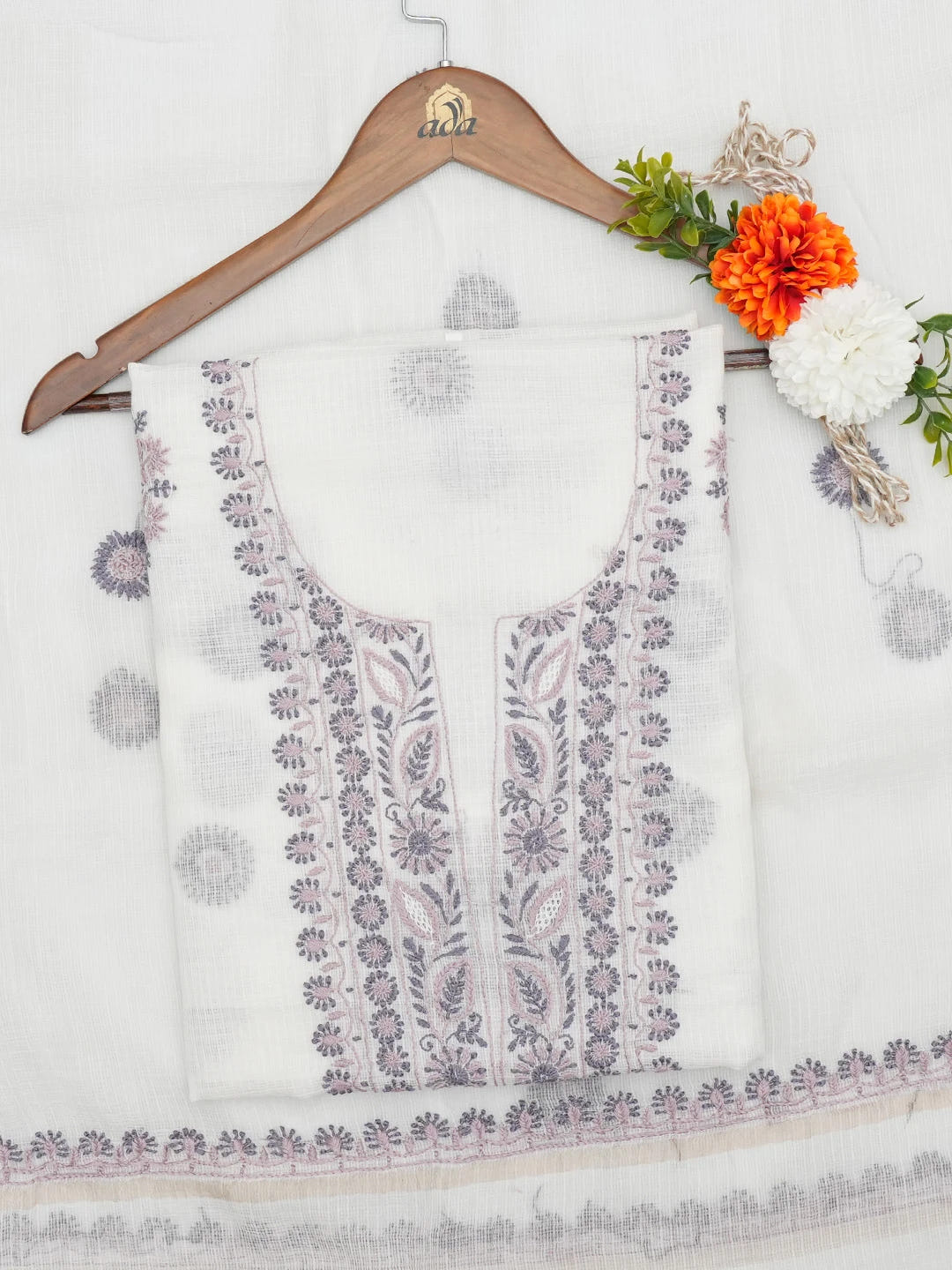 Ada Hand Embroidered White Kota Lucknowi Chikankari Unstitched Kurta Dupatta Set 01A644014