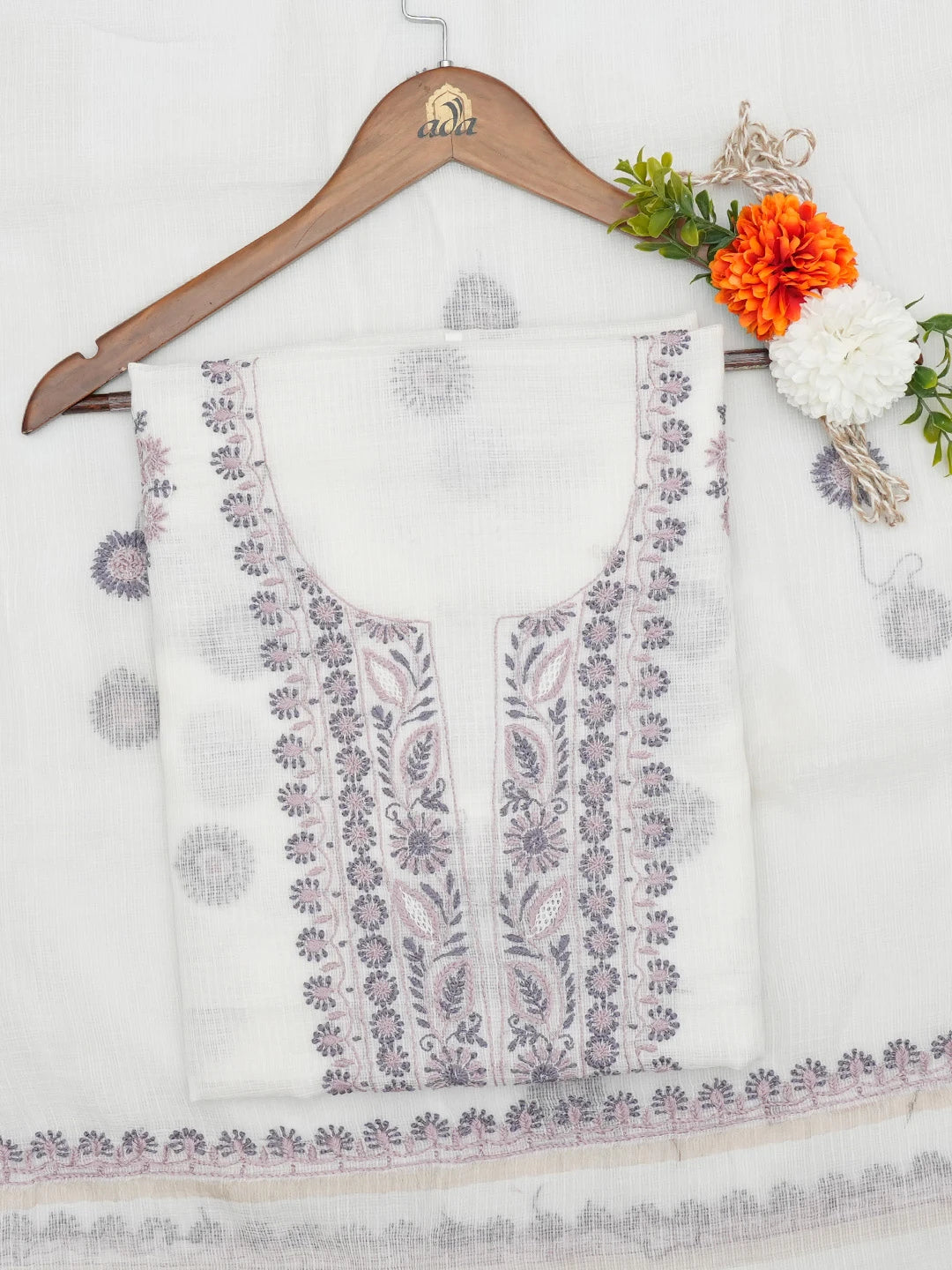 Ada Hand Embroidered White Kota Lucknowi Chikankari Unstitched Kurta Dupatta Set 01A644014
