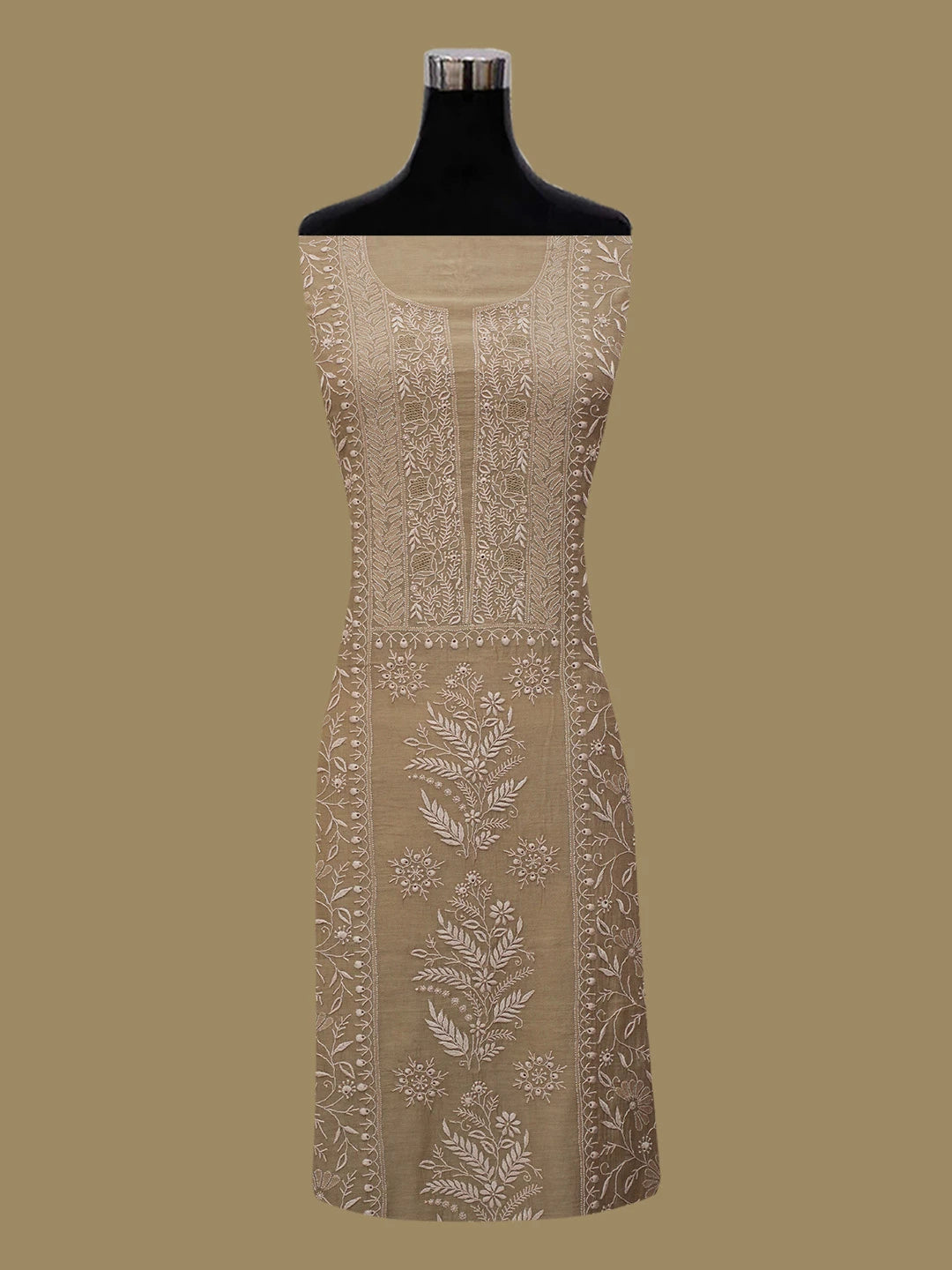 Ada Hand Embroidered Brown Chanderi Lucknowi Chikankari Unstitched Kurta Dupatta Set 01A682738