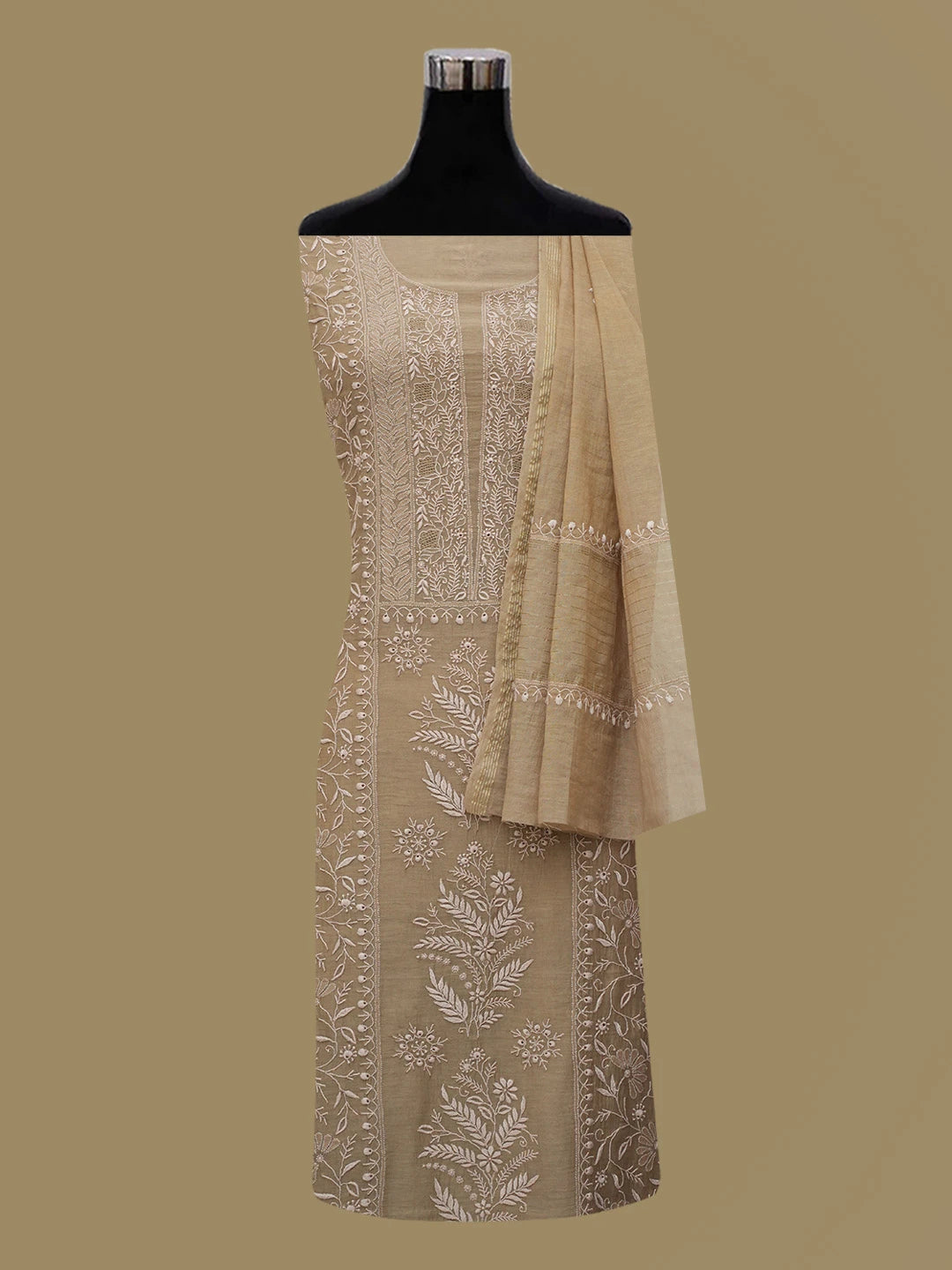 Ada Hand Embroidered Brown Chanderi Lucknowi Chikankari Unstitched Kurta Dupatta Set 01A682738
