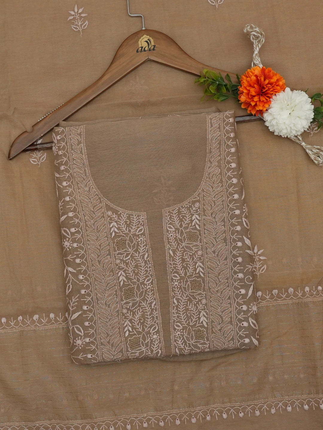 Ada Hand Embroidered Brown Chanderi Lucknowi Chikankari Unstitched Kurta Dupatta Set 01A682738