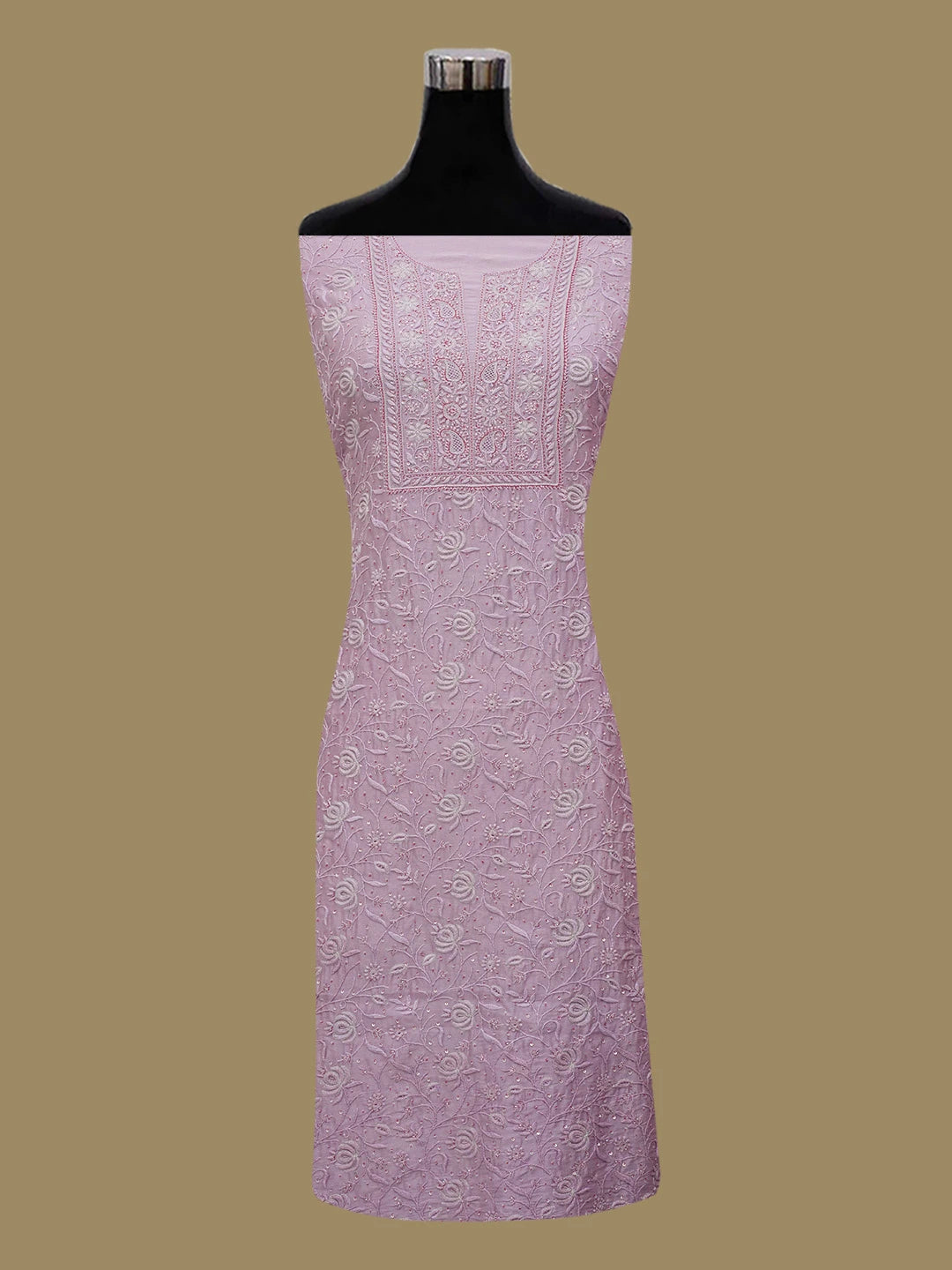 Ada Hand Embroidered Pink Chanderi Lucknowi Chikankari Unstitched Kurta Dupatta Set With Cutdana Work 01A535360