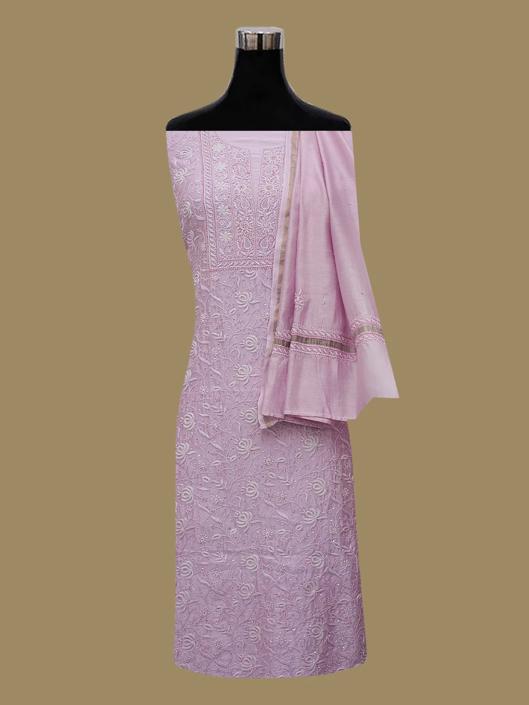 Ada Hand Embroidered Pink Chanderi Lucknowi Chikankari Unstitched Kurta Dupatta Set With Cutdana Work 01A535360