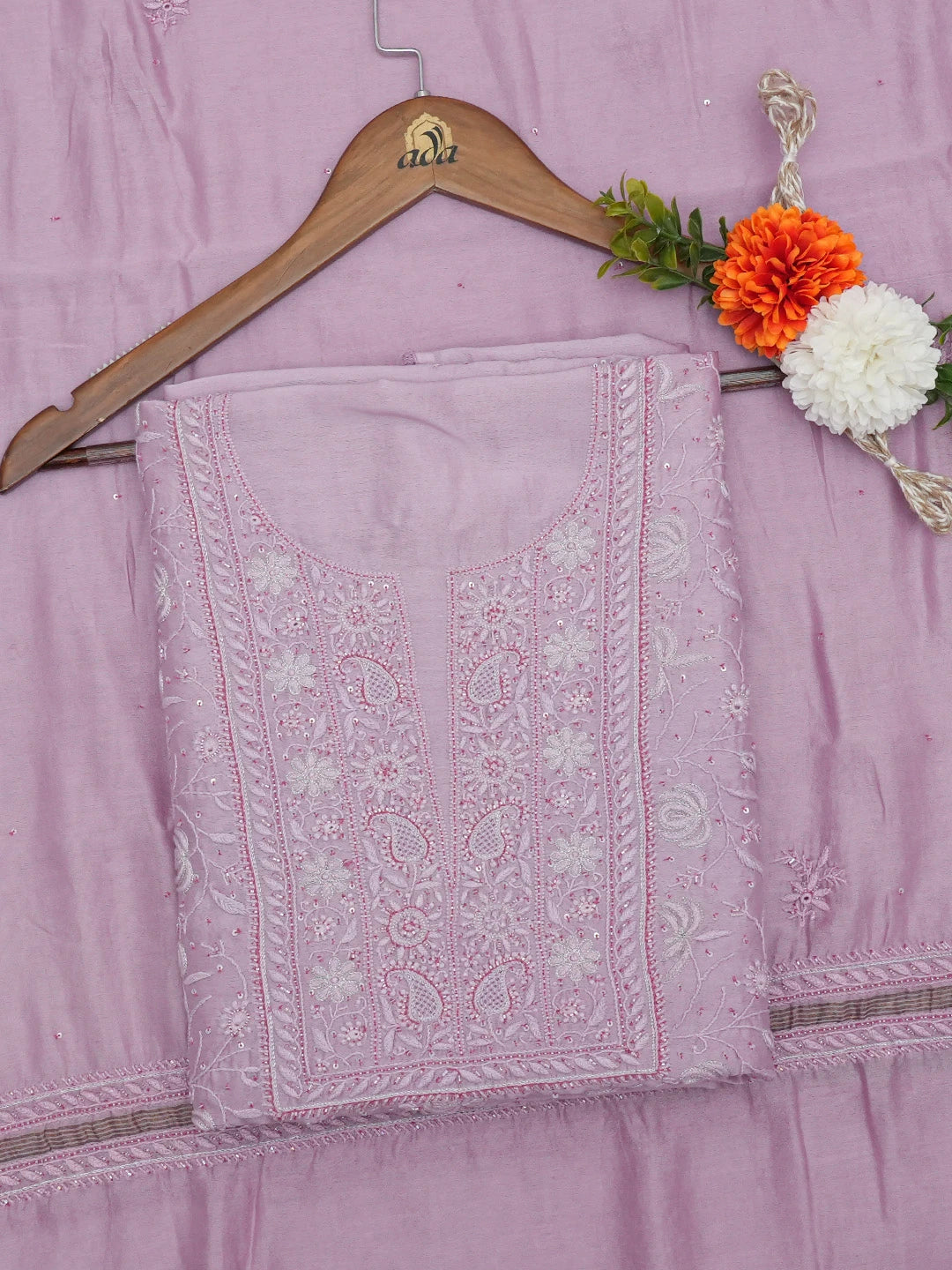 Ada Hand Embroidered Pink Chanderi Lucknowi Chikankari Unstitched Kurta Dupatta Set With Cutdana Work 01A535360
