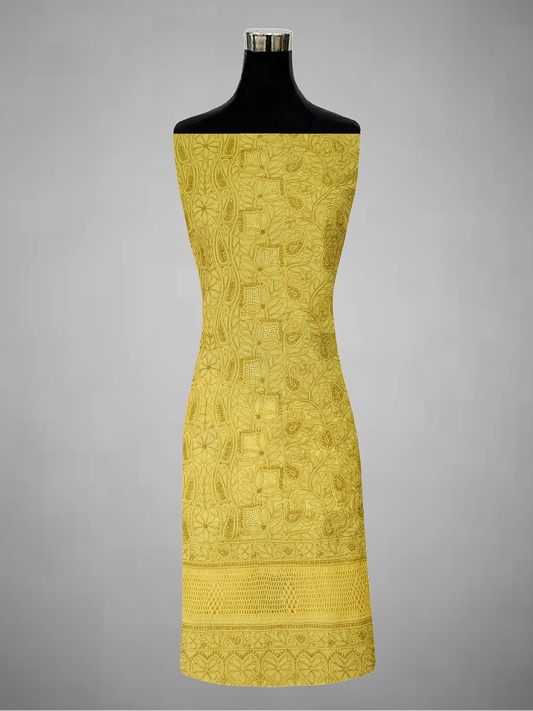 Ada Hand Embroidered Flax Yellow Cotton Lucknowi Chikankari Unstitched Suit Piece With Muqaish Work 01A692455