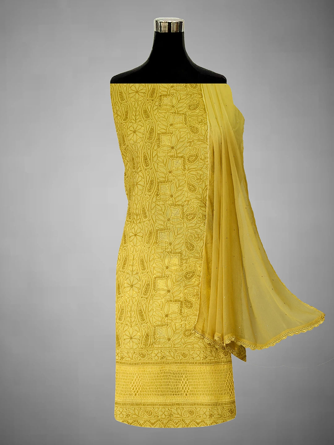 Ada Hand Embroidered Flax Yellow Cotton Lucknowi Chikankari Unstitched Suit Piece With Muqaish Work 01A692455