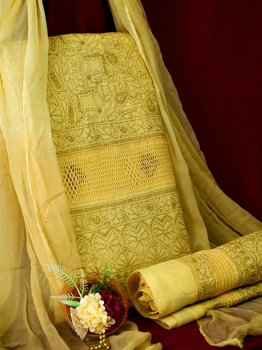 Ada Hand Embroidered Flax Yellow Cotton Lucknowi Chikankari Unstitched Suit Piece With Muqaish Work 01A692455