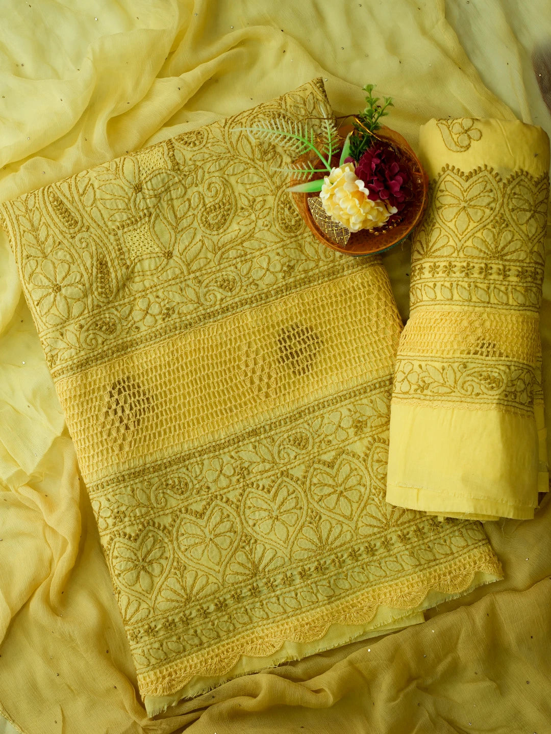 Ada Hand Embroidered Flax Yellow Cotton Lucknowi Chikankari Unstitched Suit Piece With Muqaish Work 01A692455