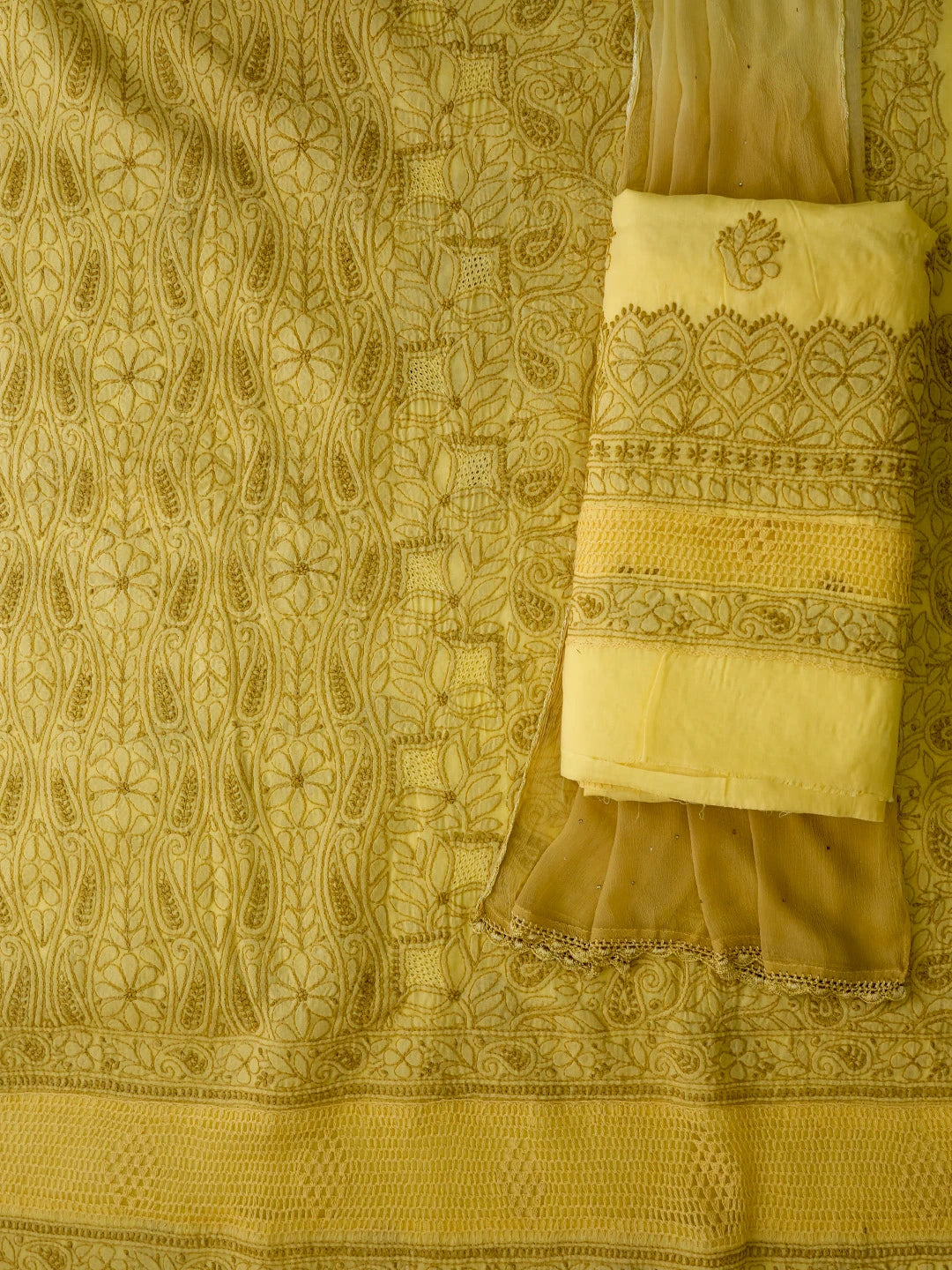 Ada Hand Embroidered Flax Yellow Cotton Lucknowi Chikankari Unstitched Suit Piece With Muqaish Work 01A692455
