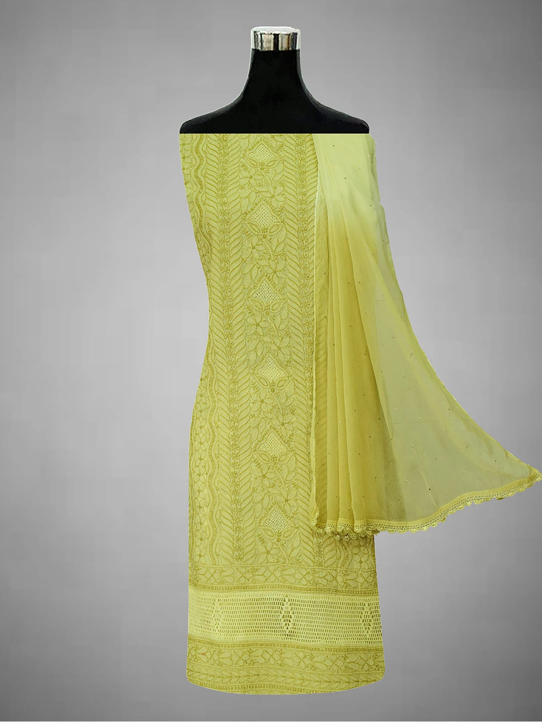 Ada Hand Embroidered Key Lime Cotton Lucknowi Chikankari Unstitched Suit Piece 01A692446