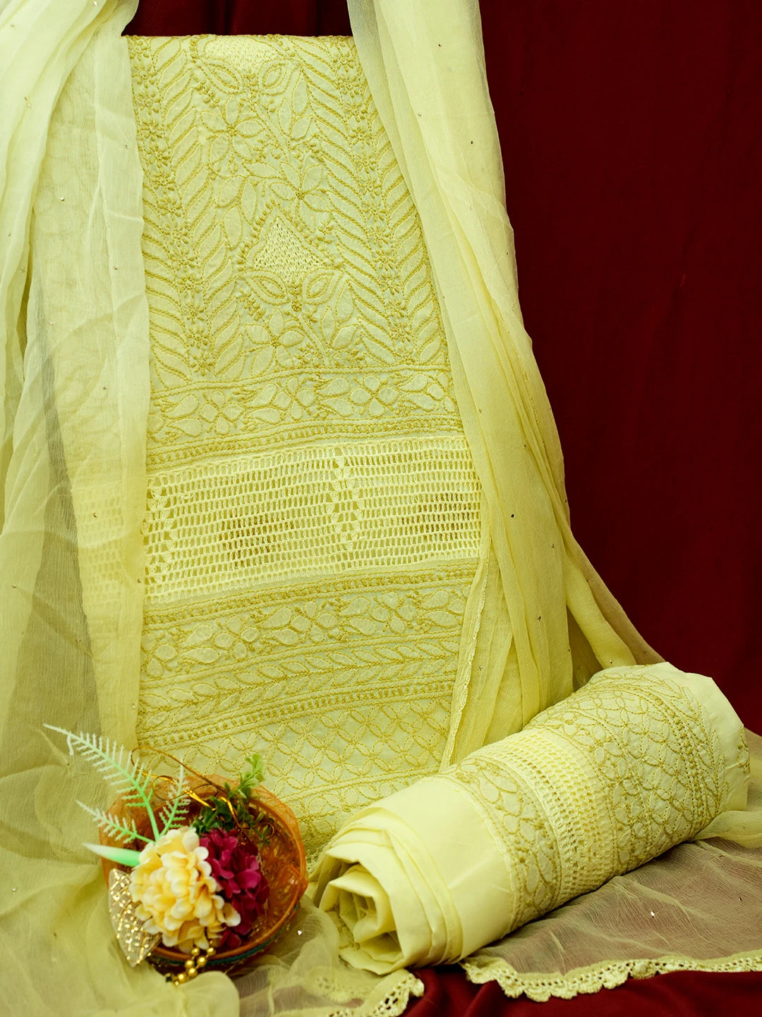 Ada Hand Embroidered Key Lime Cotton Lucknowi Chikankari Unstitched Suit Piece 01A692446